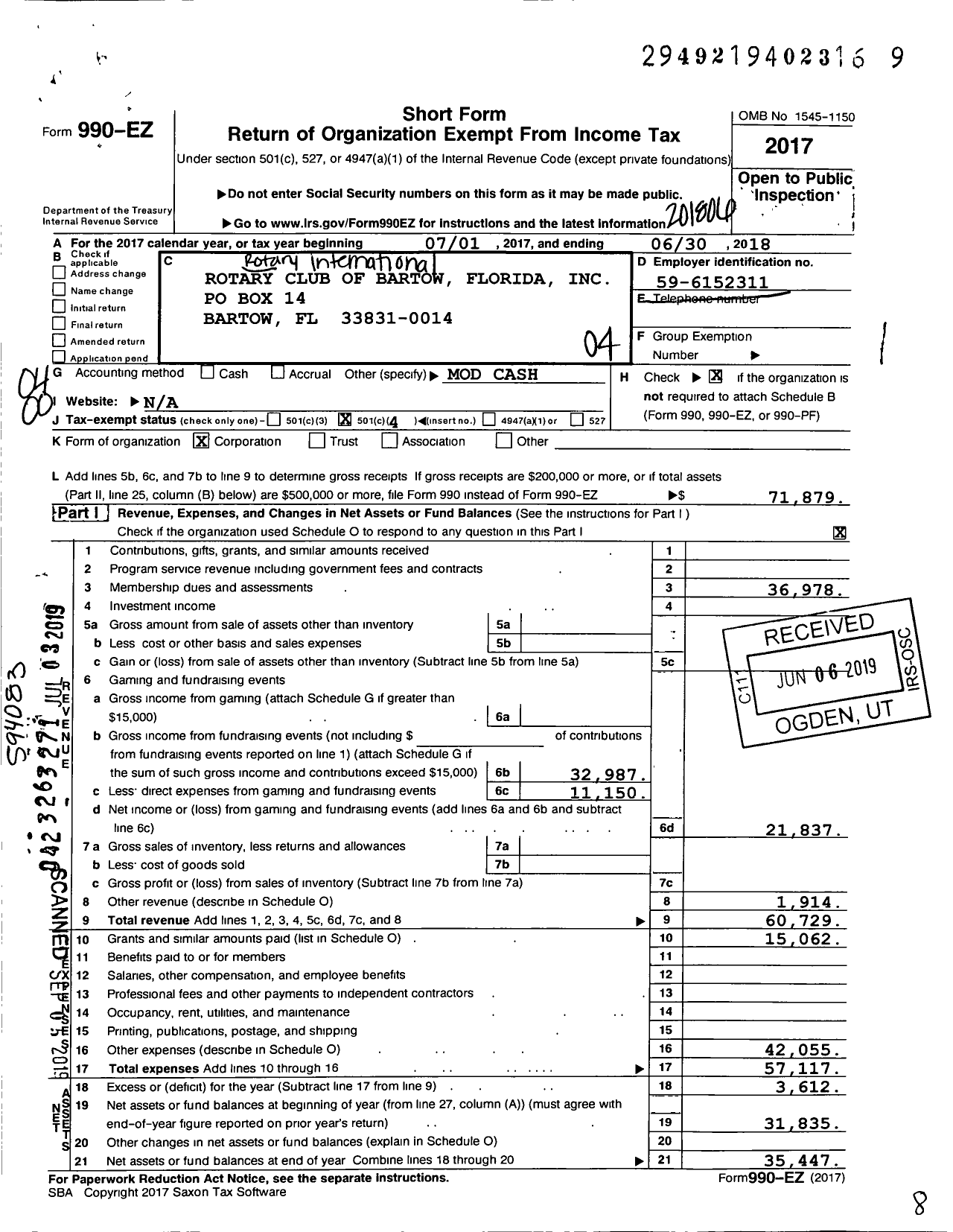 Image of first page of 2017 Form 990EO for Rotary International - Bartow