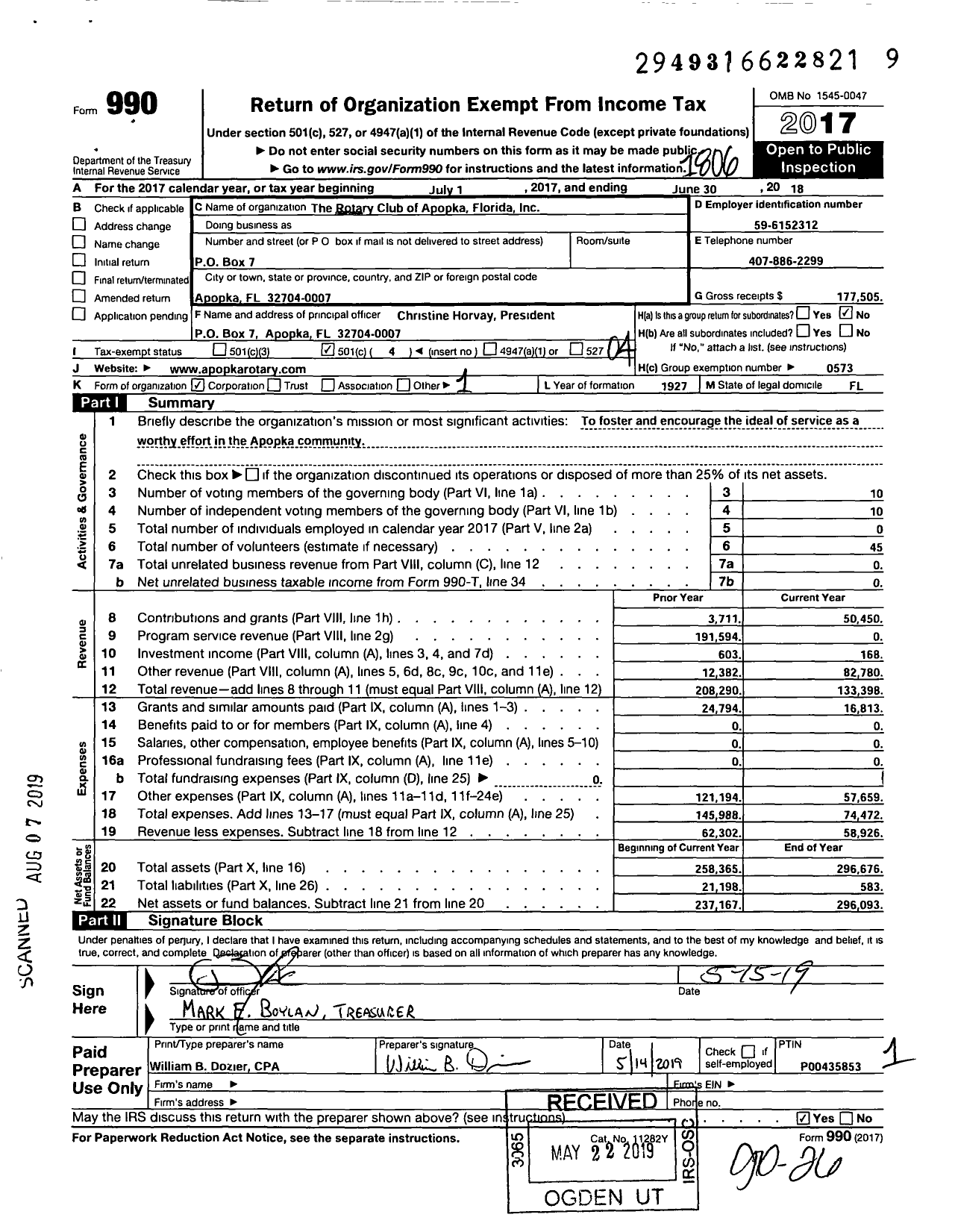 Image of first page of 2017 Form 990O for Rotary International - Rotary Club of Apopka