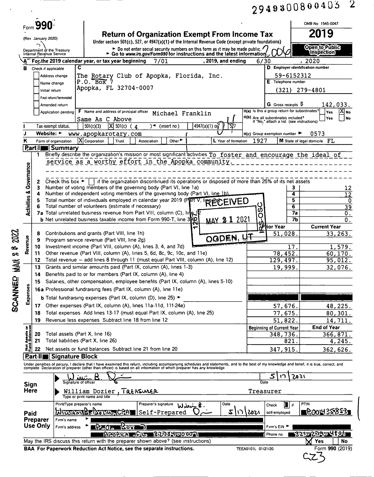 Image of first page of 2019 Form 990O for Rotary International - Rotary Club of Apopka