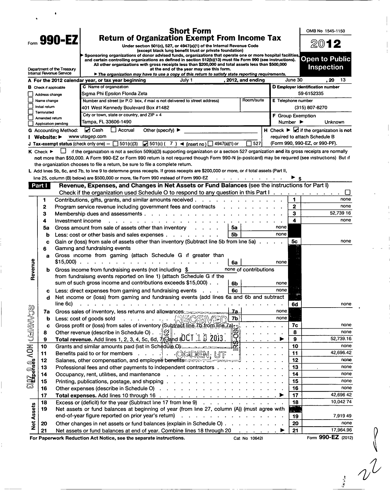 Image of first page of 2012 Form 990EO for Sigma Phi Epsilon Fraternity Florida Zeta Chapter