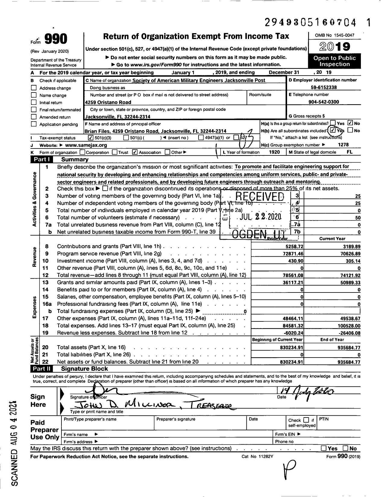 Image of first page of 2019 Form 990 for Society American Military Engineers Jacksonville Post