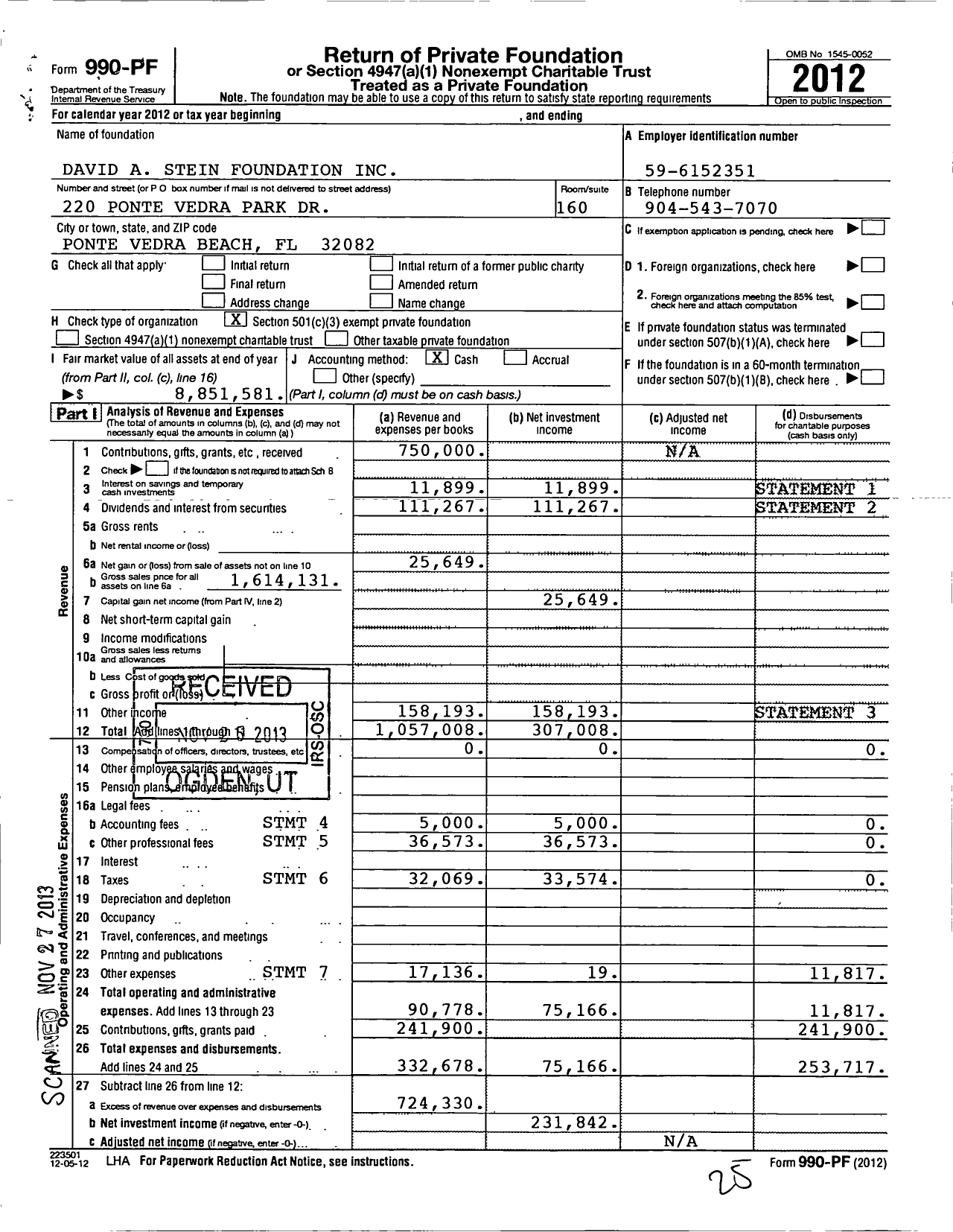 Image of first page of 2012 Form 990PF for The David A Stein Family Foundation