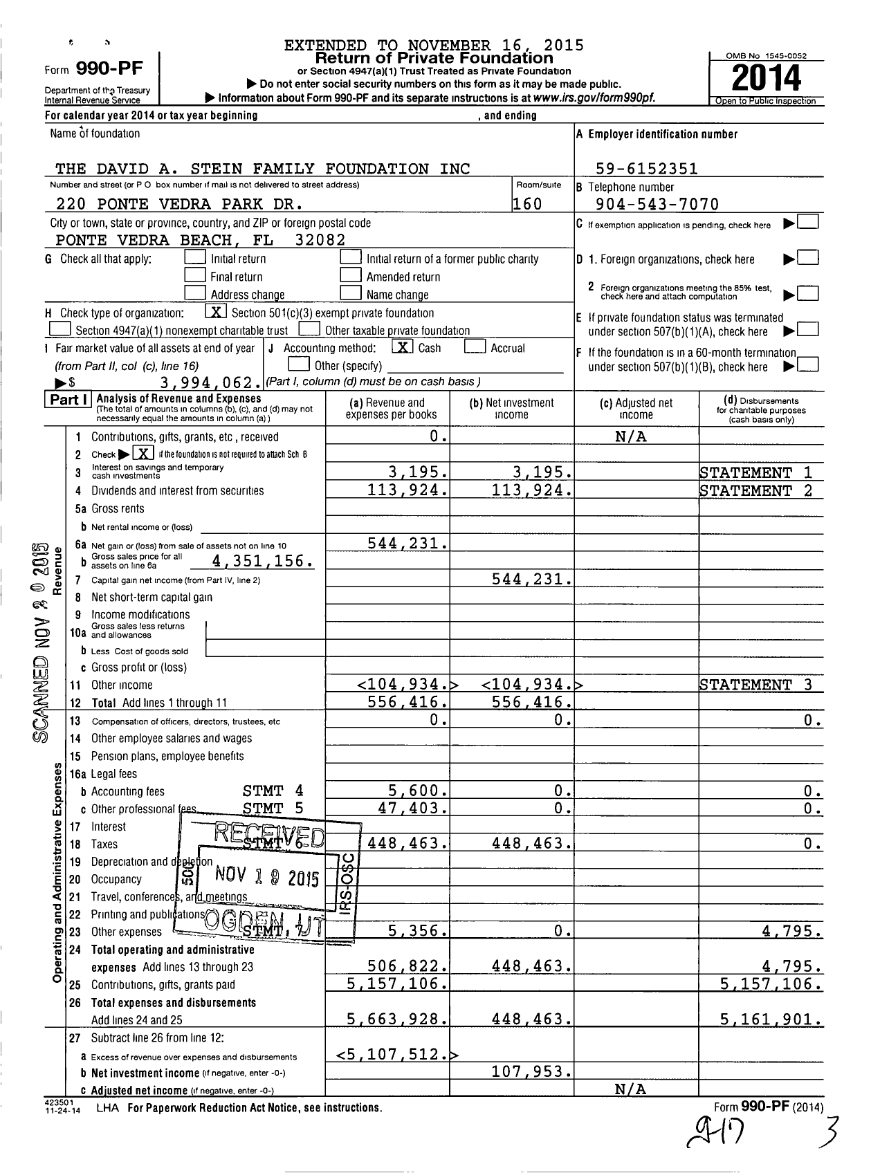 Image of first page of 2014 Form 990PF for The David A Stein Family Foundation