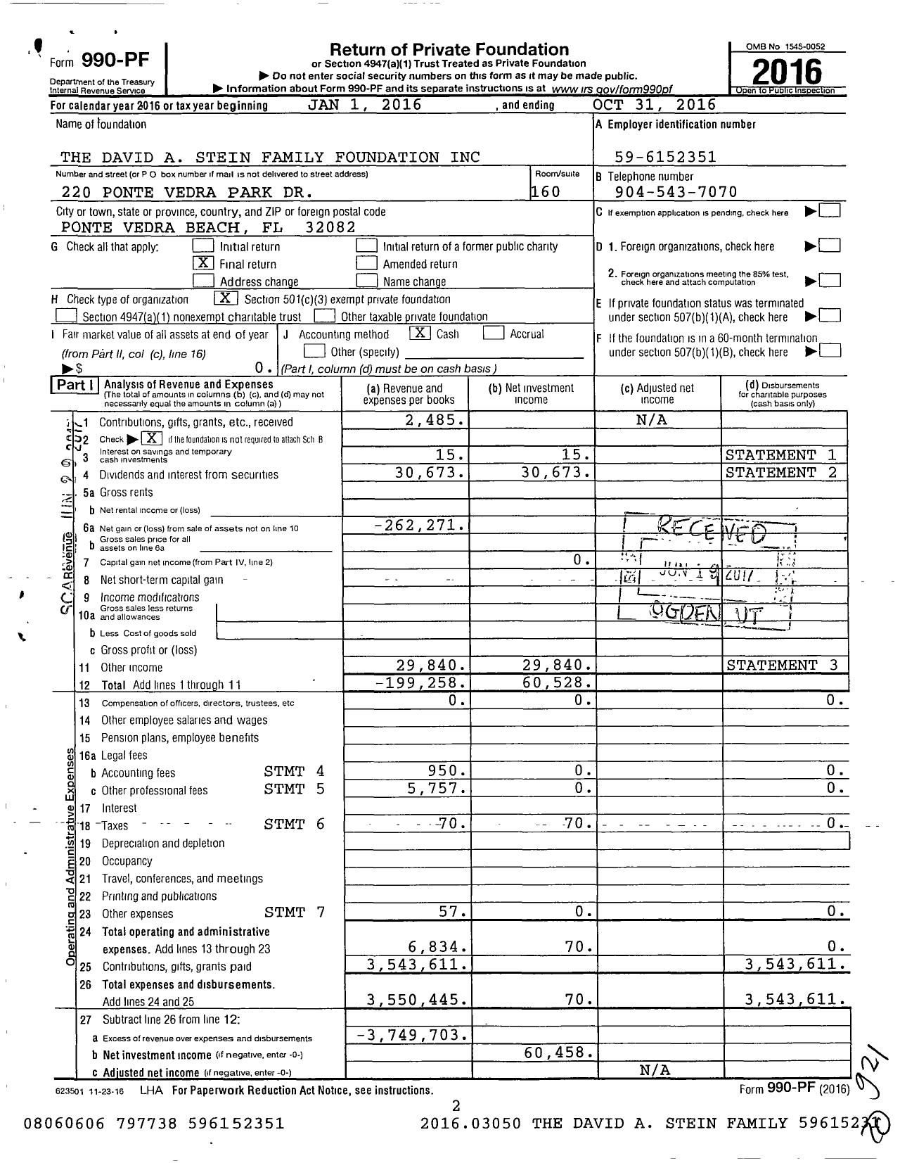 Image of first page of 2015 Form 990PF for The David A Stein Family Foundation
