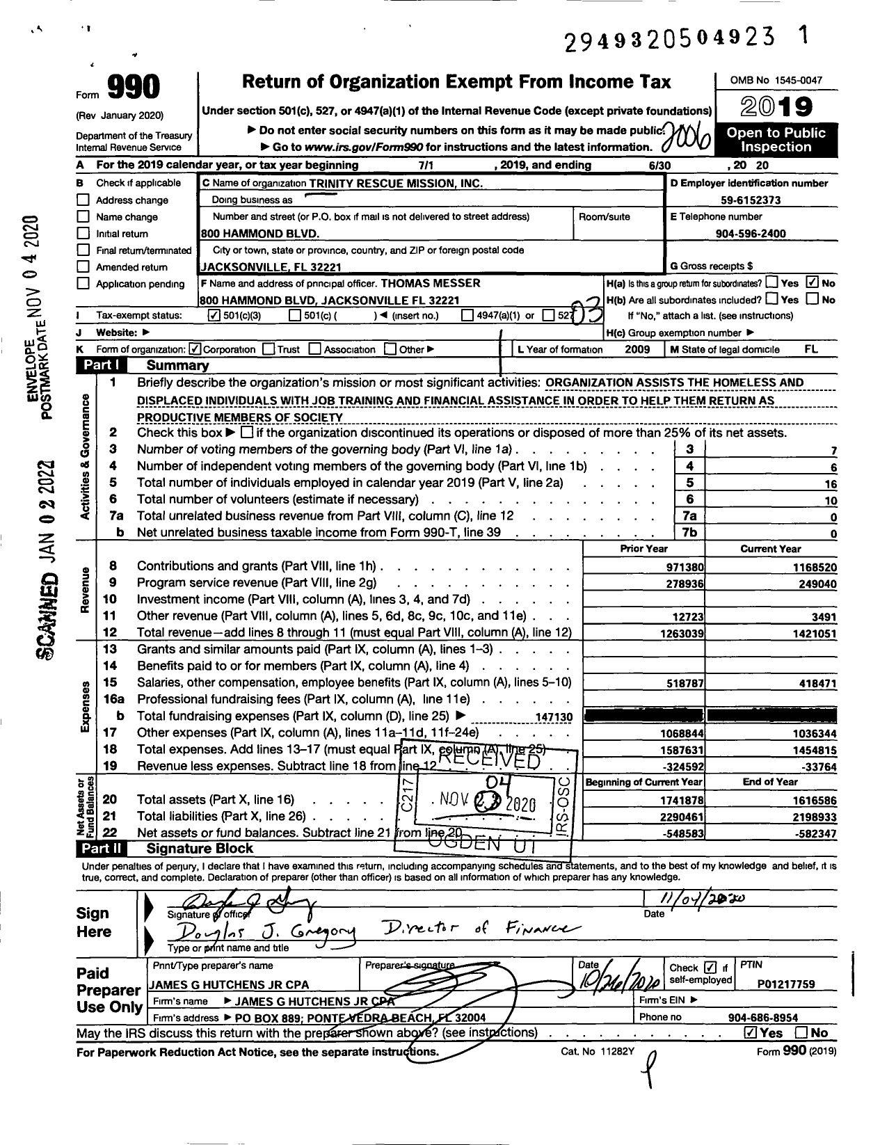 Image of first page of 2019 Form 990 for Trinity Rescue Mission