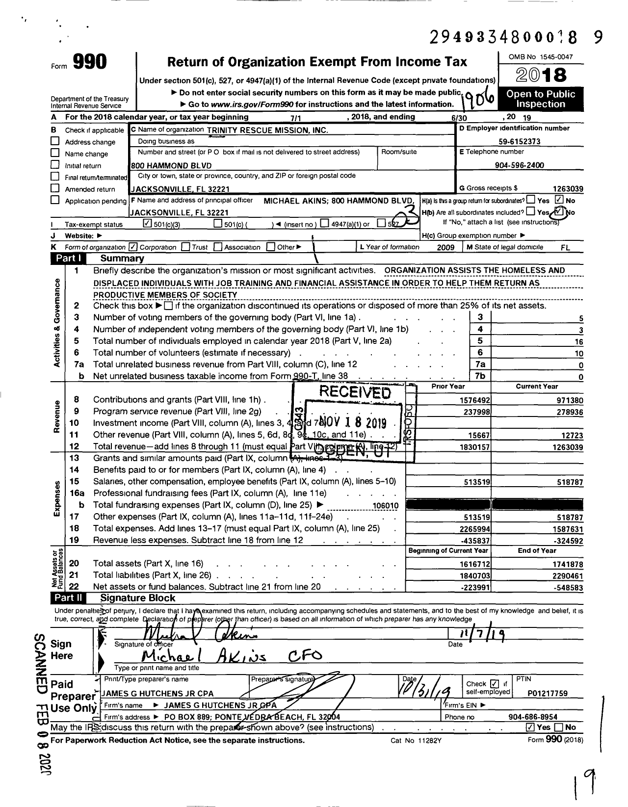 Image of first page of 2018 Form 990 for Trinity Rescue Mission