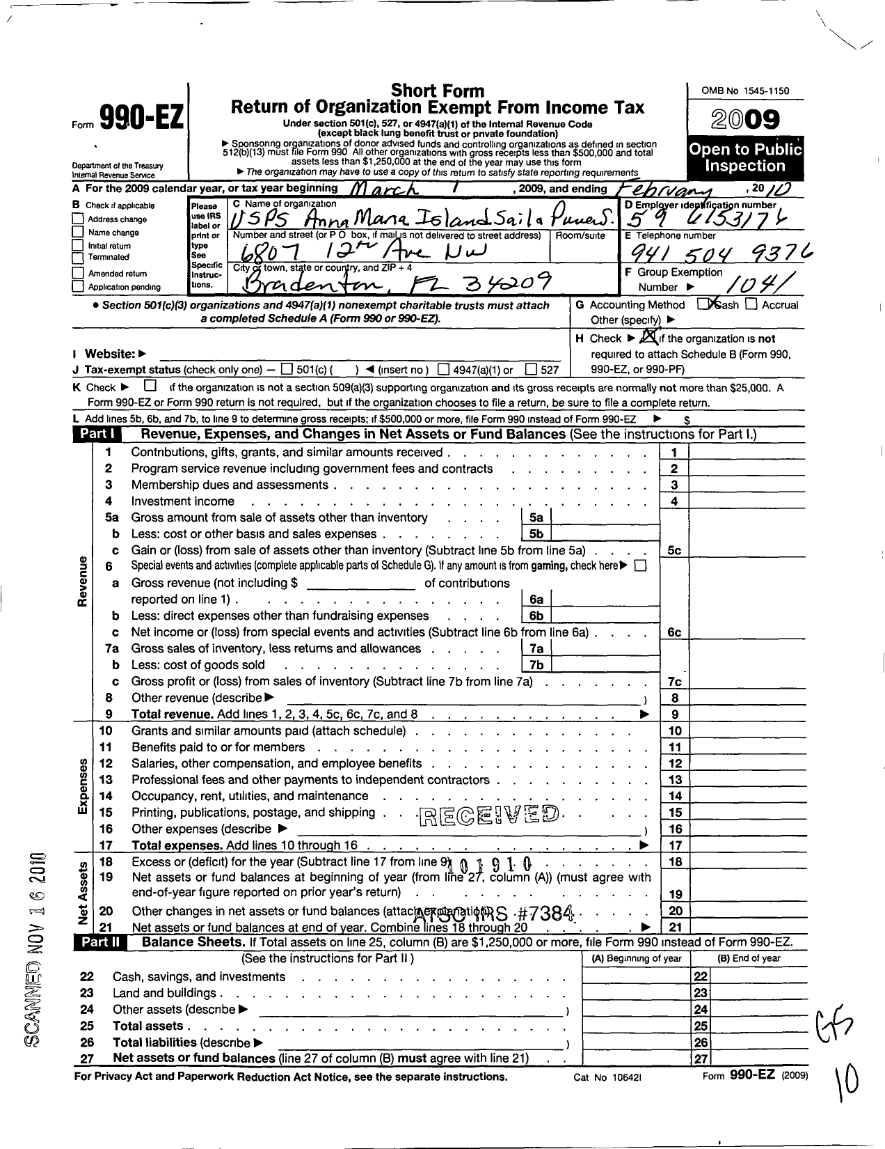 Image of first page of 2009 Form 990EO for United States Power Squadrons - Anna Maria Island Power Squadron