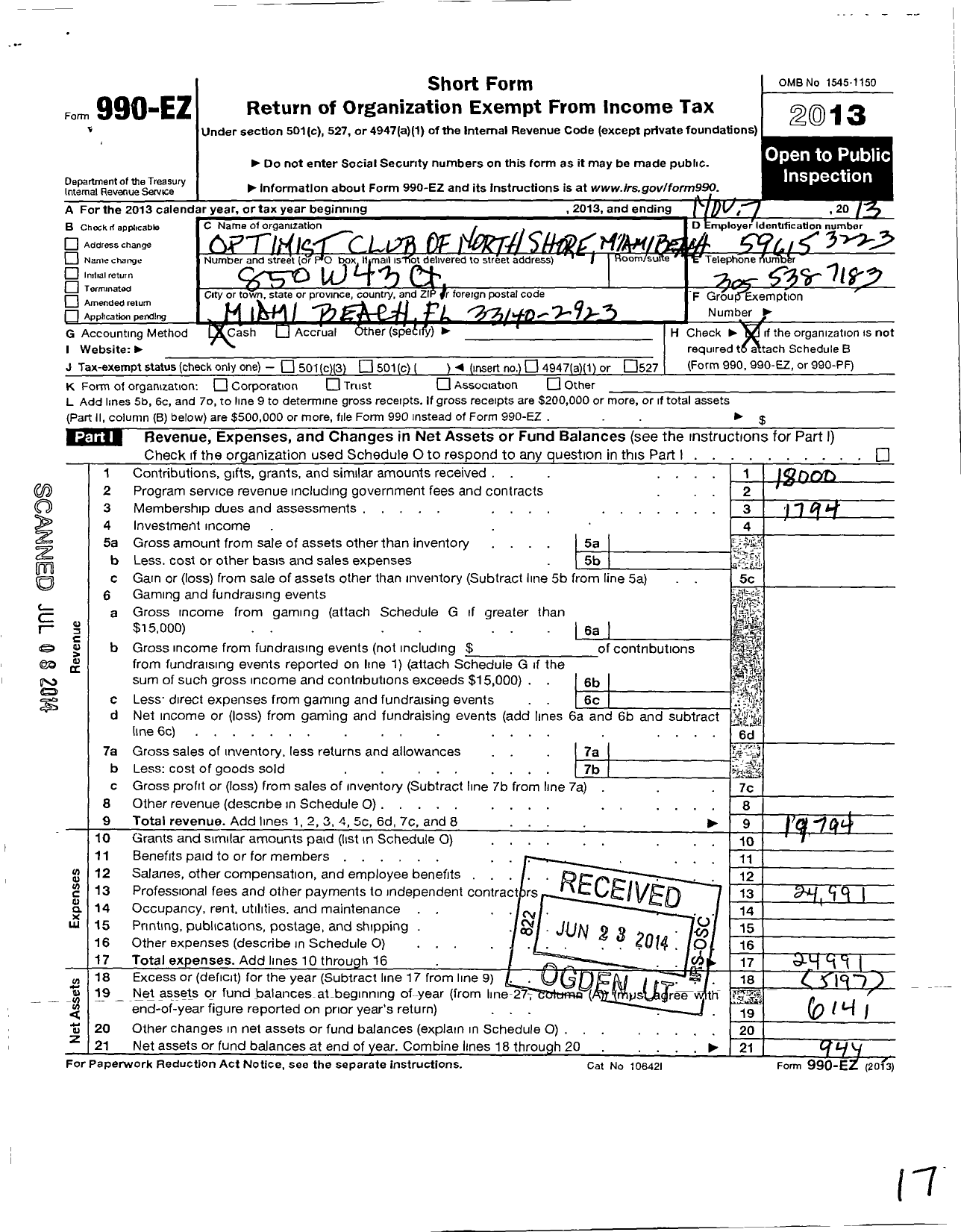 Image of first page of 2012 Form 990EO for Optimist International - 61345 Miami Beach-N Shore FL