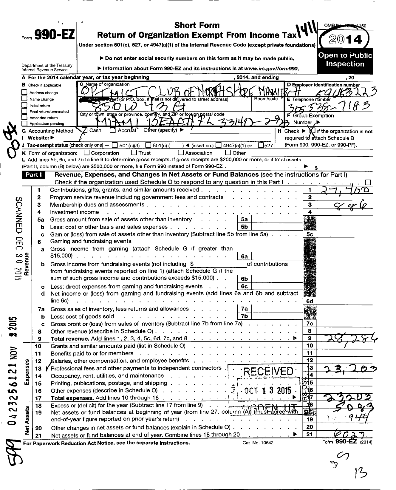 Image of first page of 2013 Form 990EO for Optimist International - 61345 Miami Beach-N Shore FL