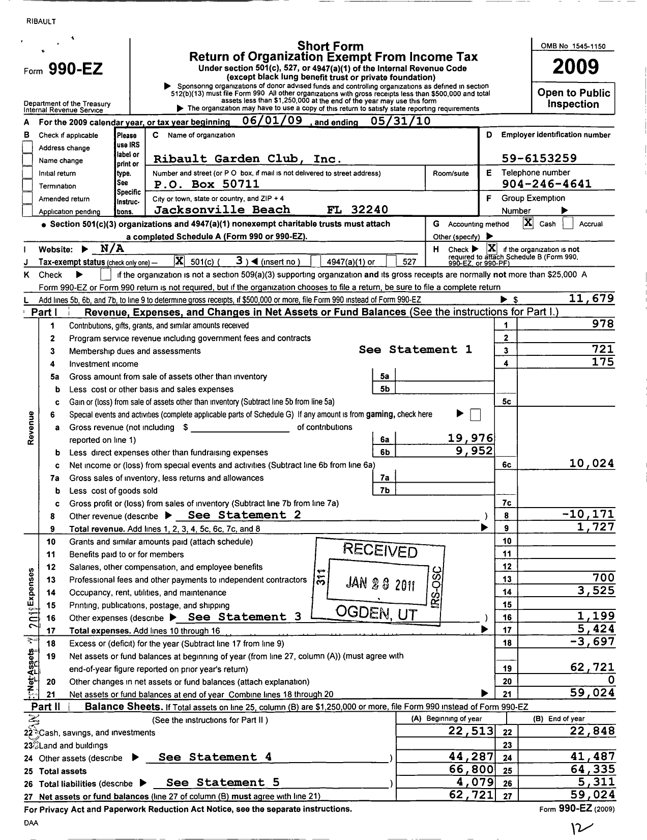 Image of first page of 2009 Form 990EZ for Ribault Garden Club