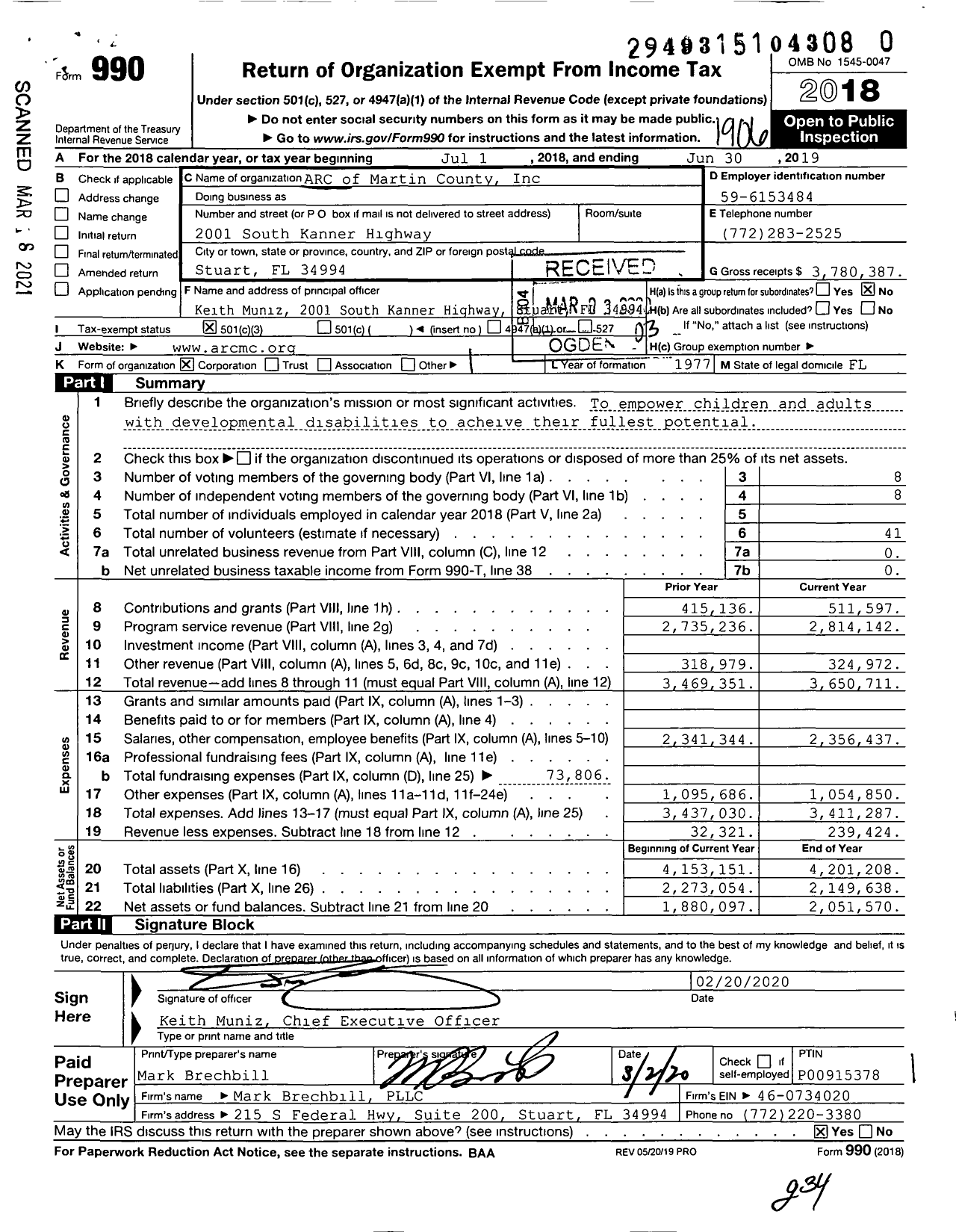Image of first page of 2018 Form 990 for ARC of Martin County