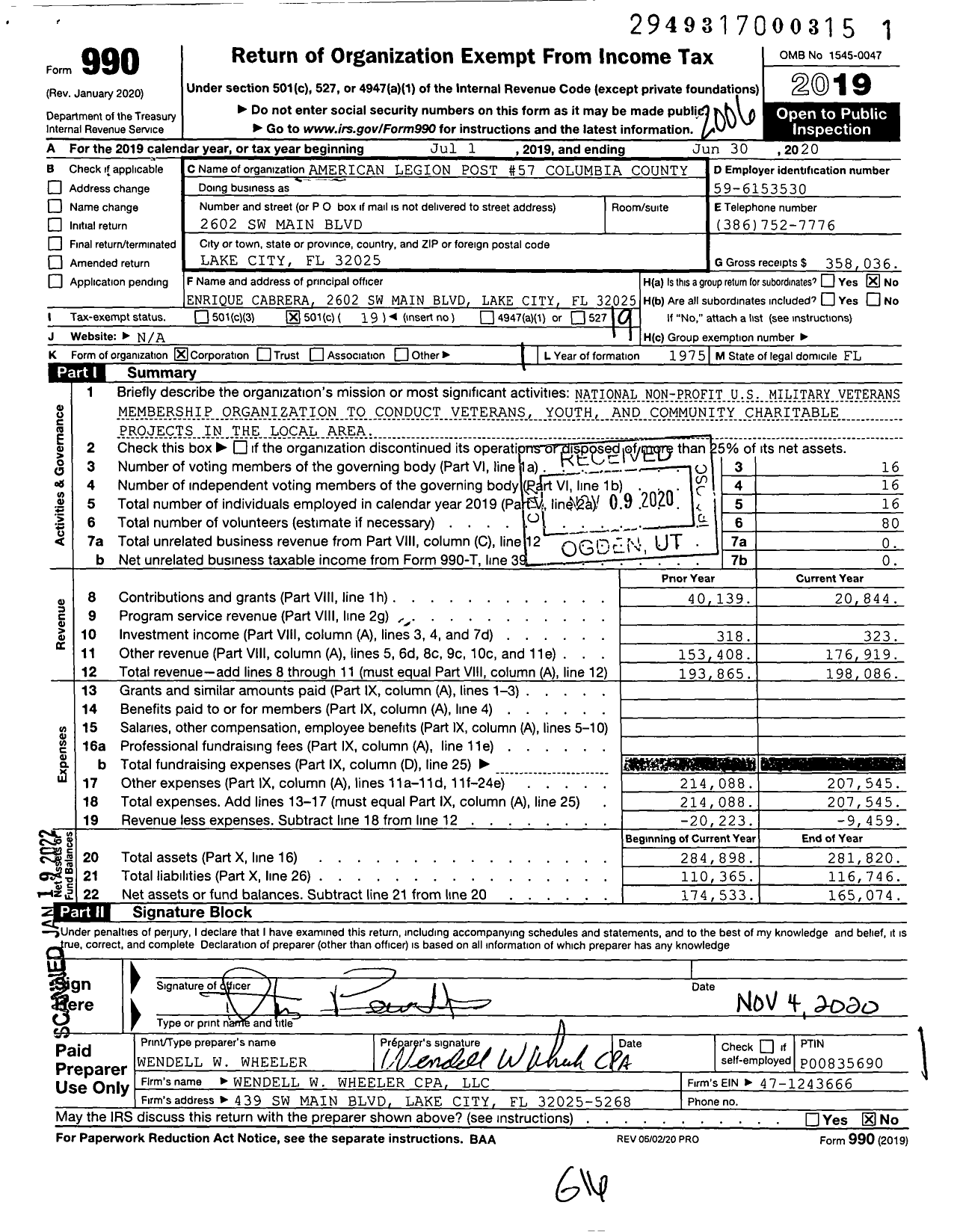 Image of first page of 2019 Form 990O for American Legion - 57 Columbia County FL Post