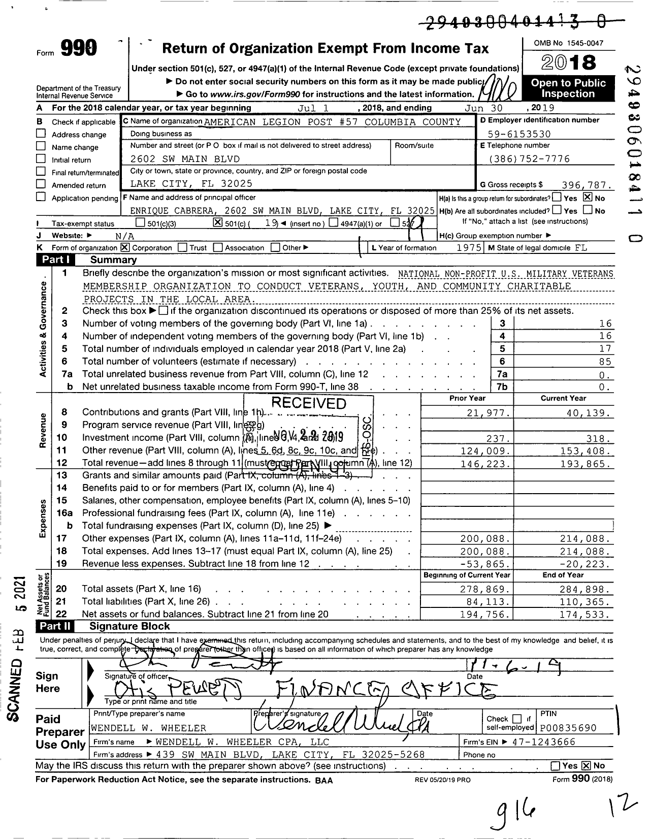 Image of first page of 2018 Form 990O for American Legion - 57 Columbia County FL Post