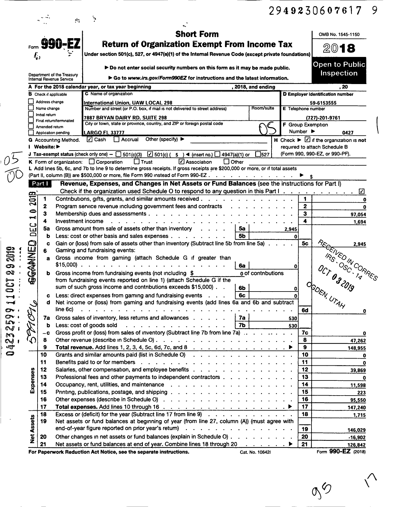 Image of first page of 2018 Form 990EO for UAW - Region 8 LOCAL 298