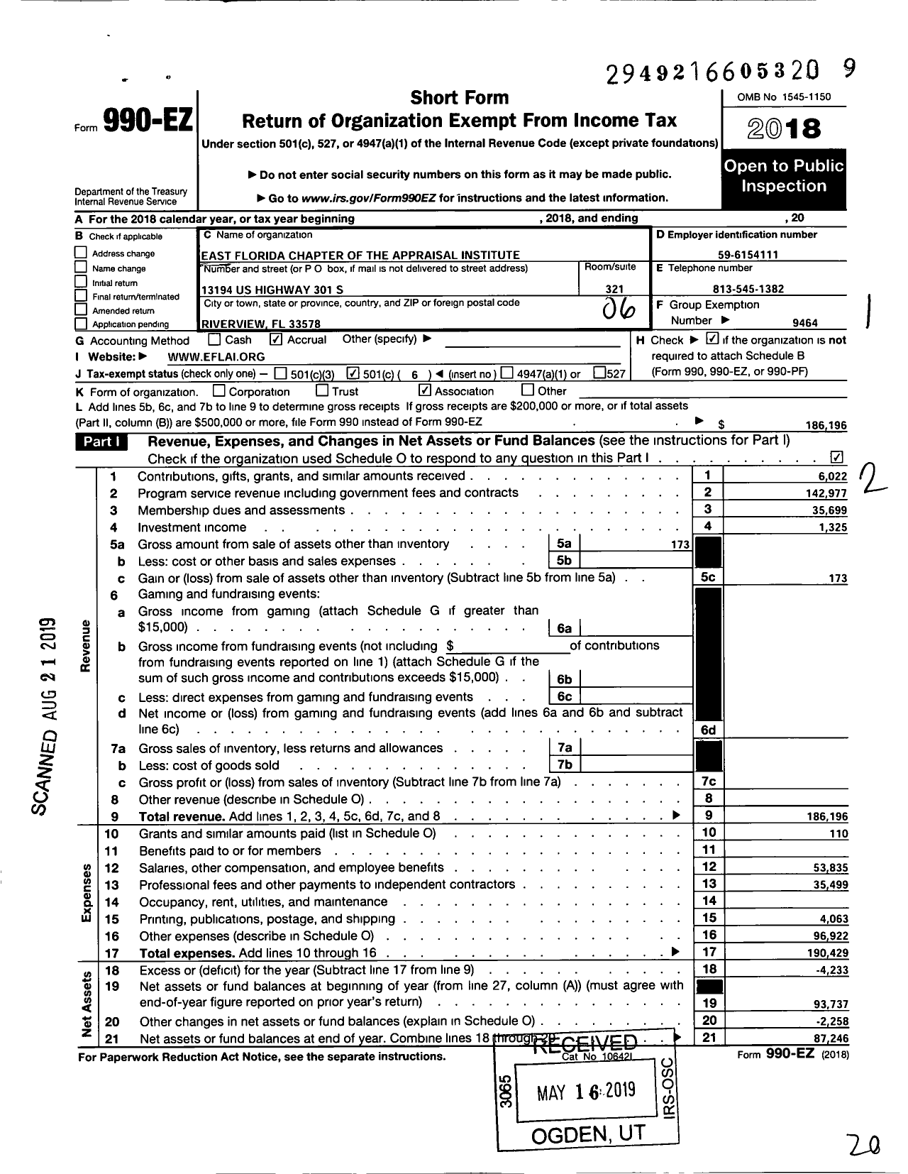 Image of first page of 2018 Form 990EO for East Florida Chapter of the Appraisal Institute