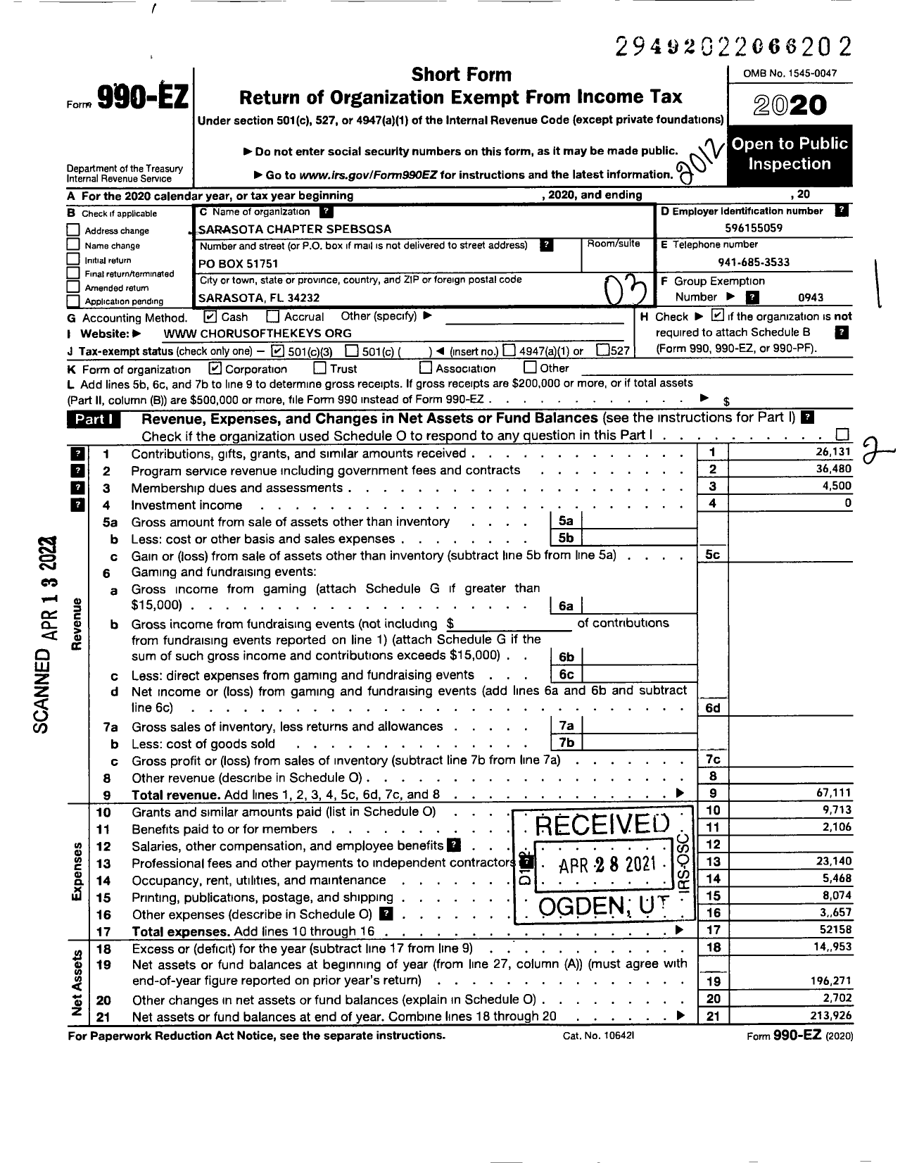 Image of first page of 2020 Form 990EZ for Barbershop Harmony Society - P014 Sarasota