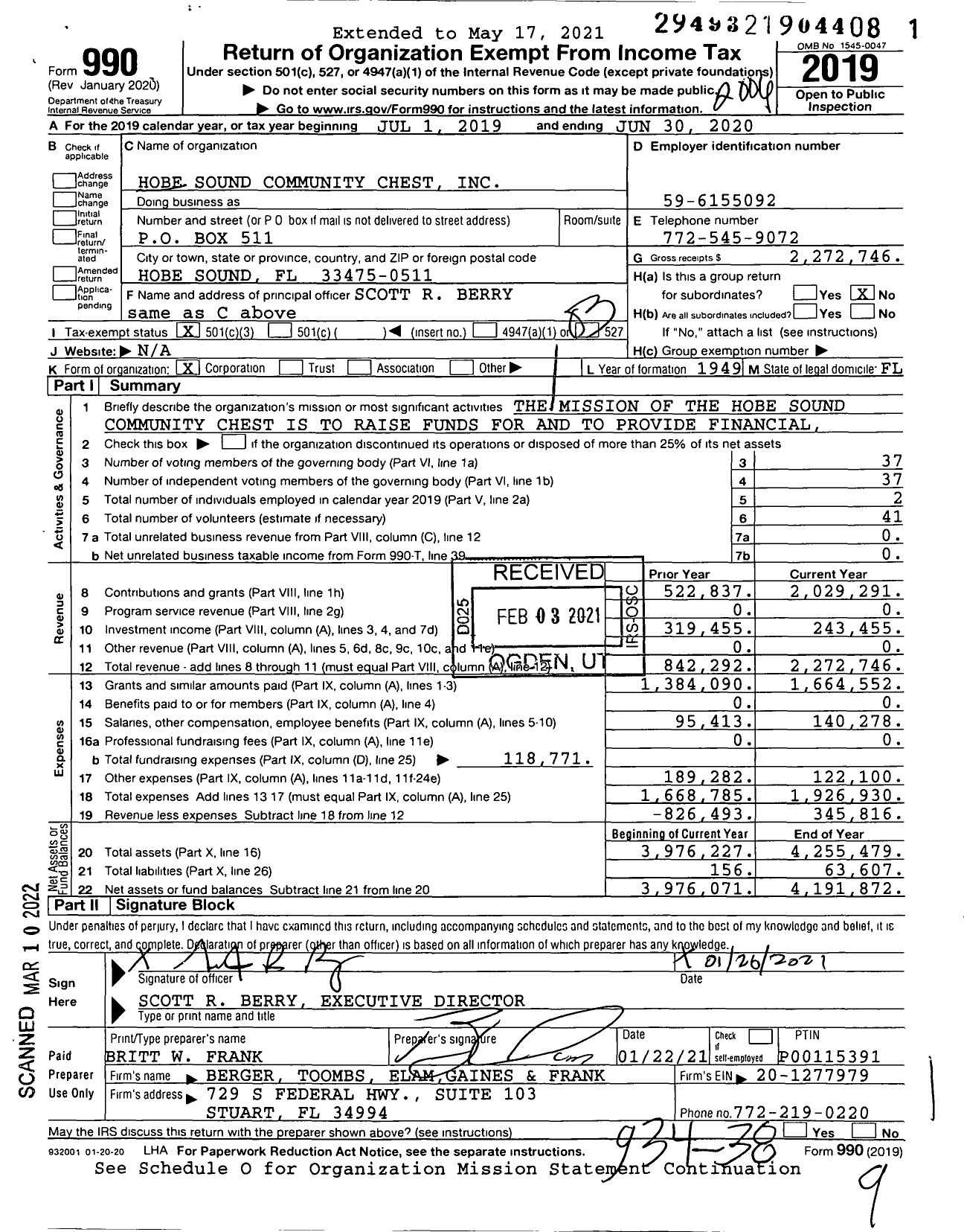 Image of first page of 2019 Form 990 for Hobe Sound Community Chest