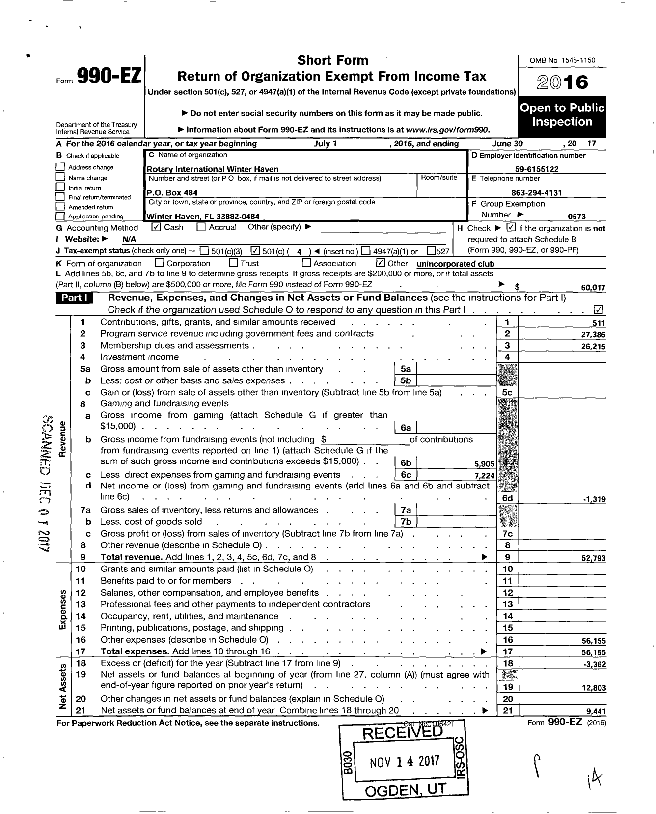 Image of first page of 2016 Form 990EO for Rotary International - Winter Haven FL