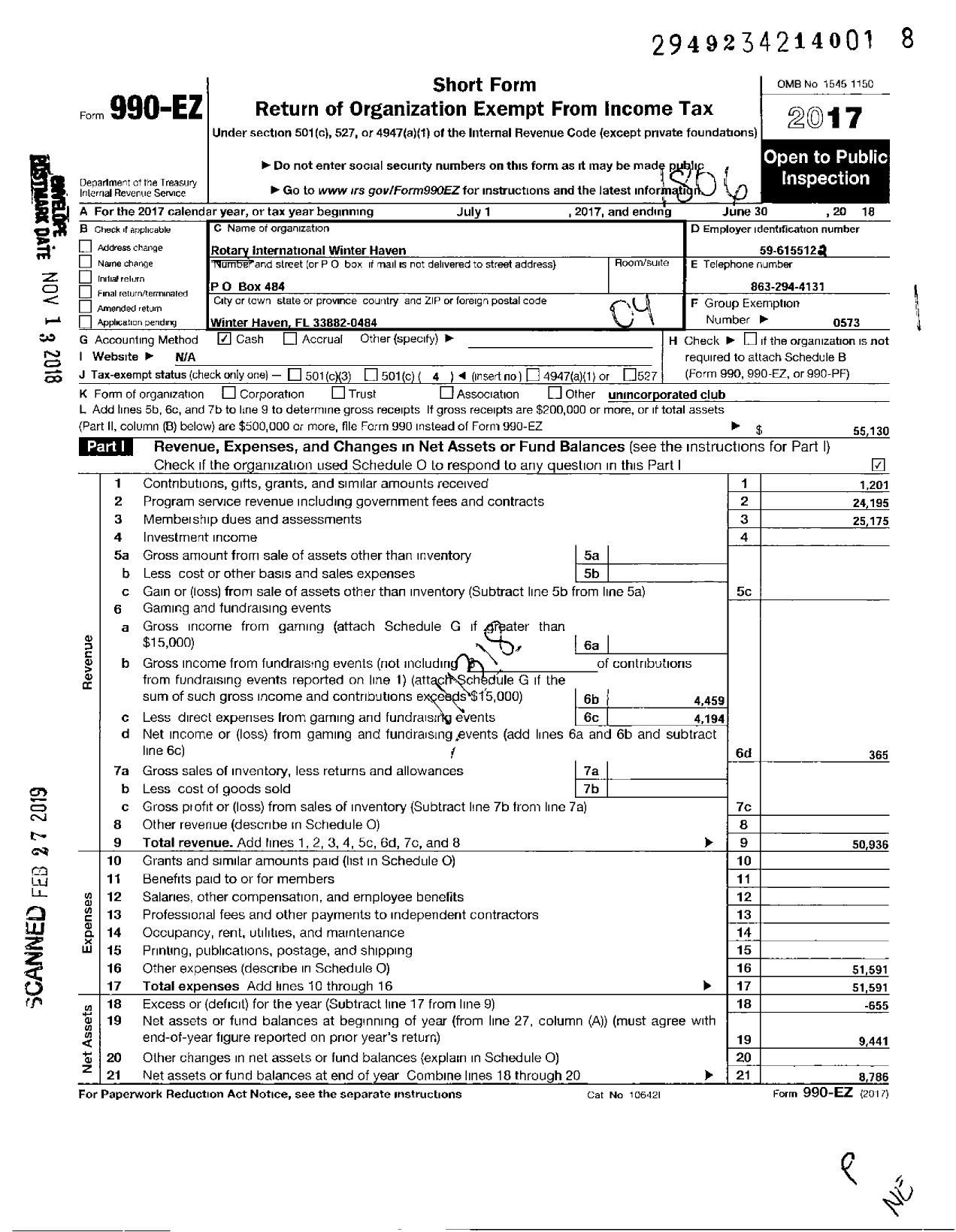 Image of first page of 2017 Form 990EO for Rotary International - Winter Haven FL