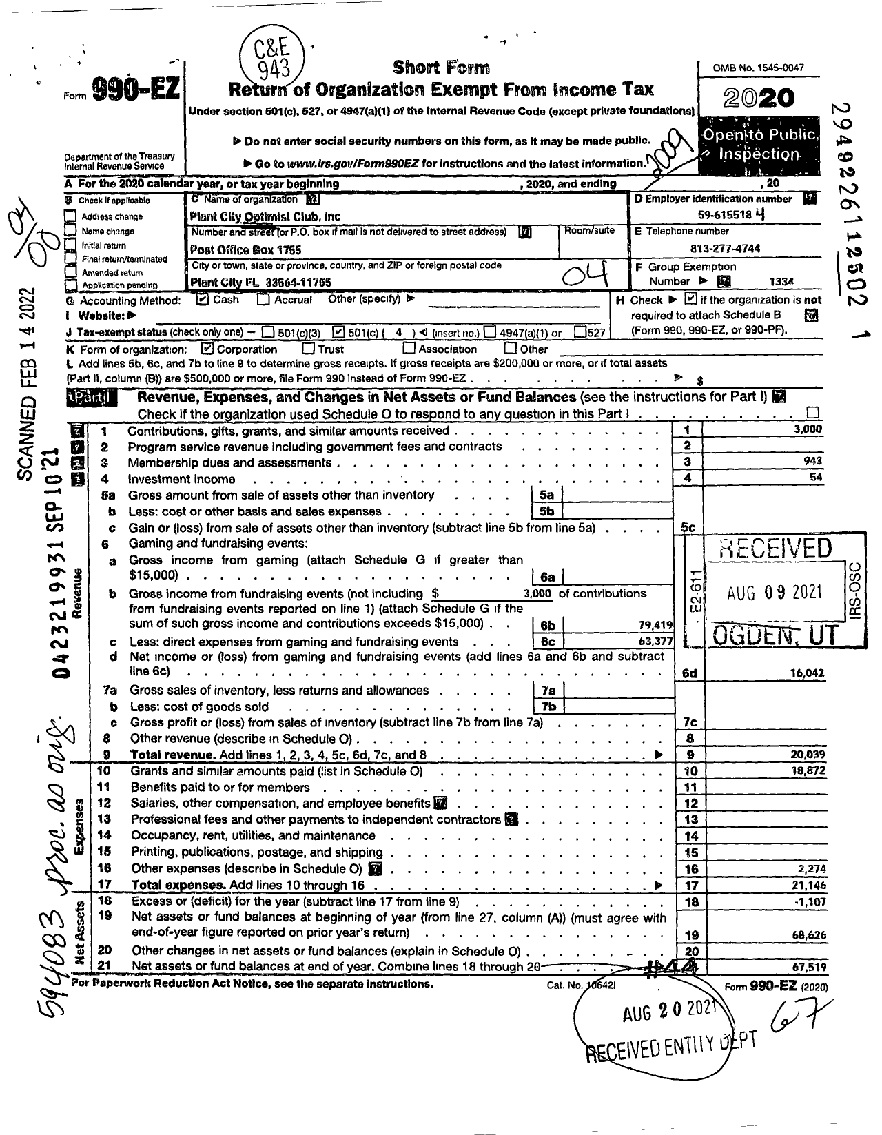 Image of first page of 2019 Form 990EO for Optimist International - 60420 Plant City FL