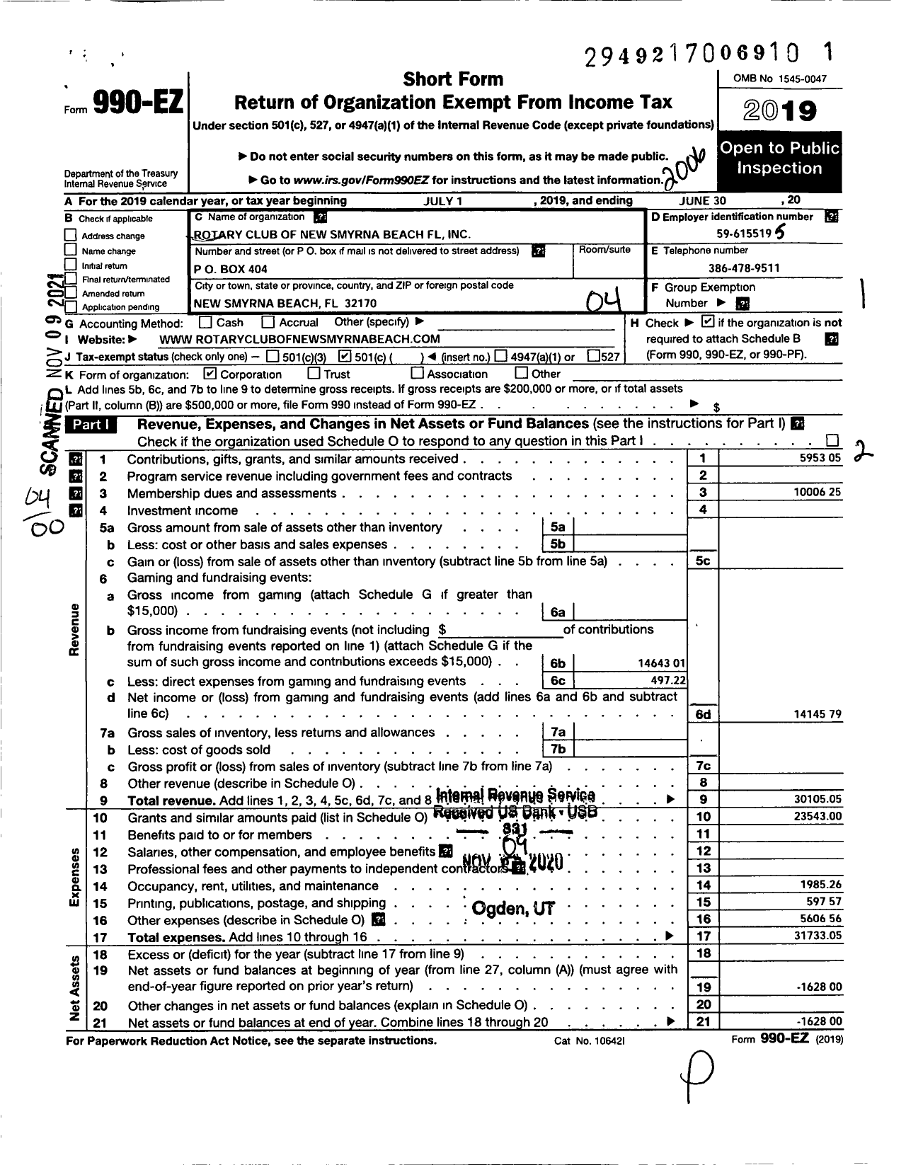 Image of first page of 2019 Form 990EO for Rotary International - New Smyrna Beach