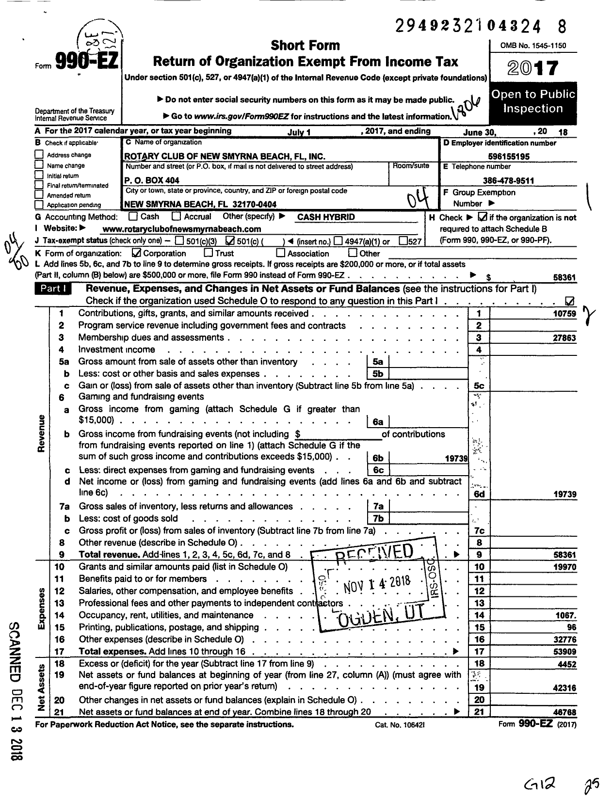 Image of first page of 2017 Form 990EO for Rotary International - New Smyrna Beach