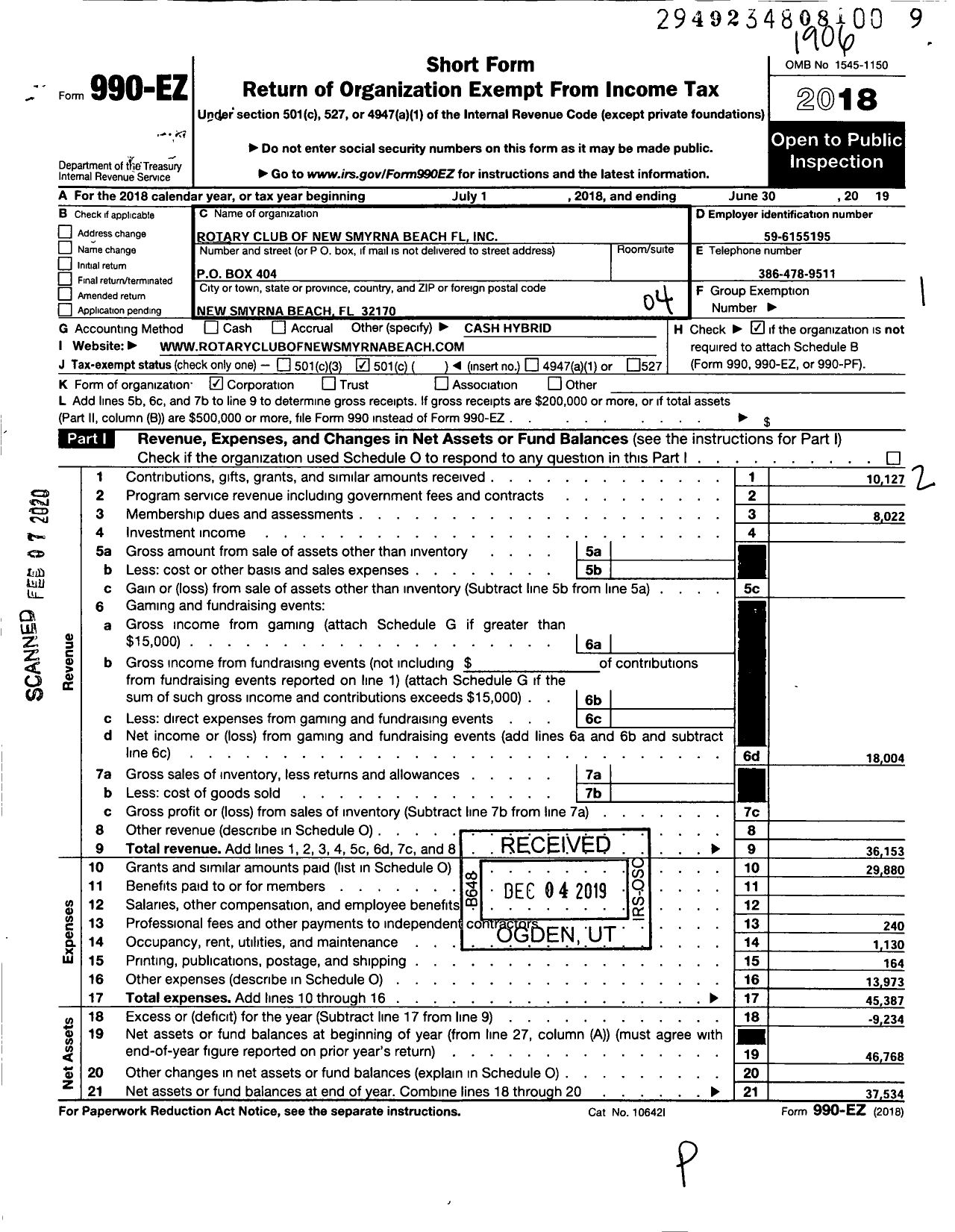 Image of first page of 2018 Form 990EO for Rotary International - New Smyrna Beach