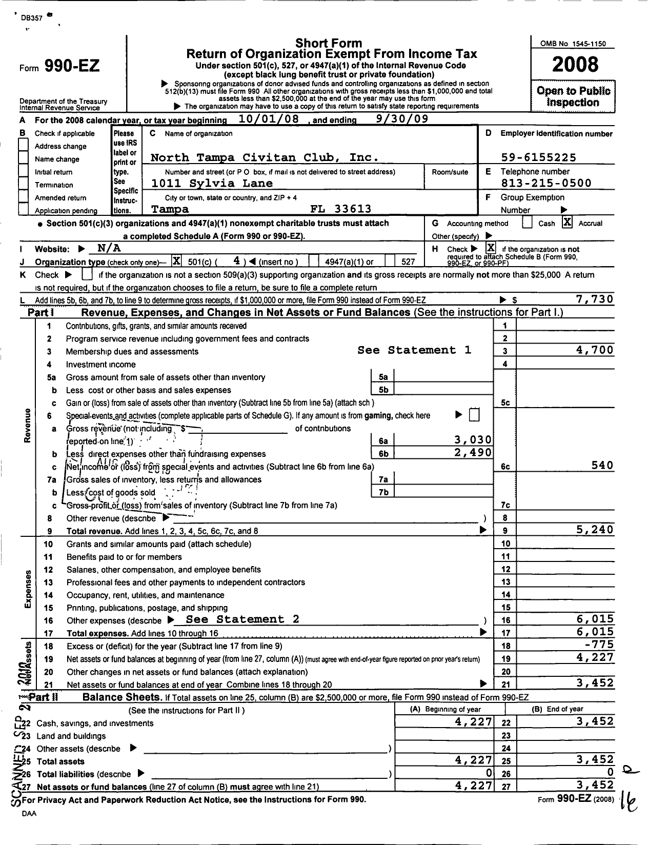 Image of first page of 2008 Form 990EO for North Tampa Civitan Club