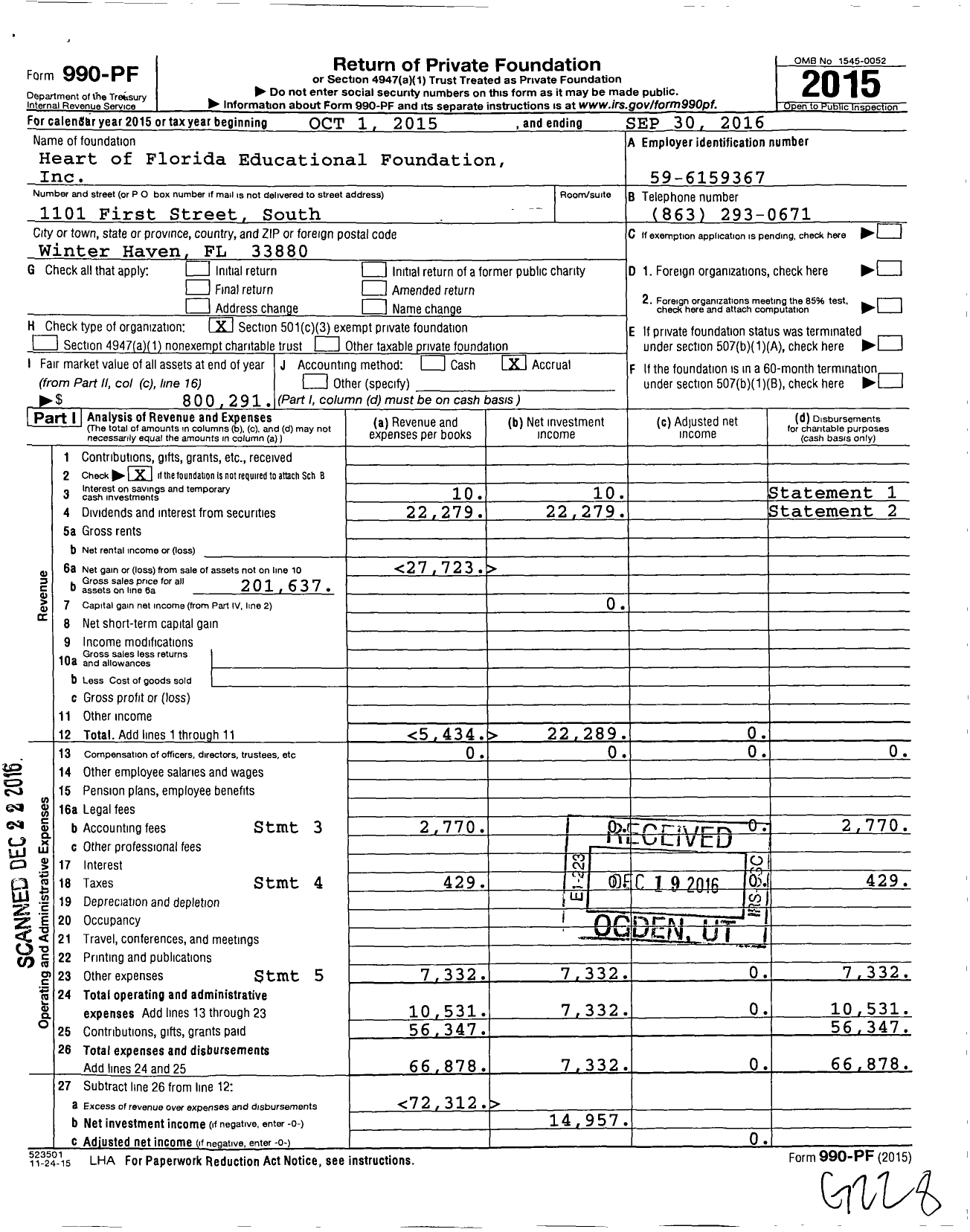 Image of first page of 2015 Form 990PF for Heart of Florida Educational Foundation