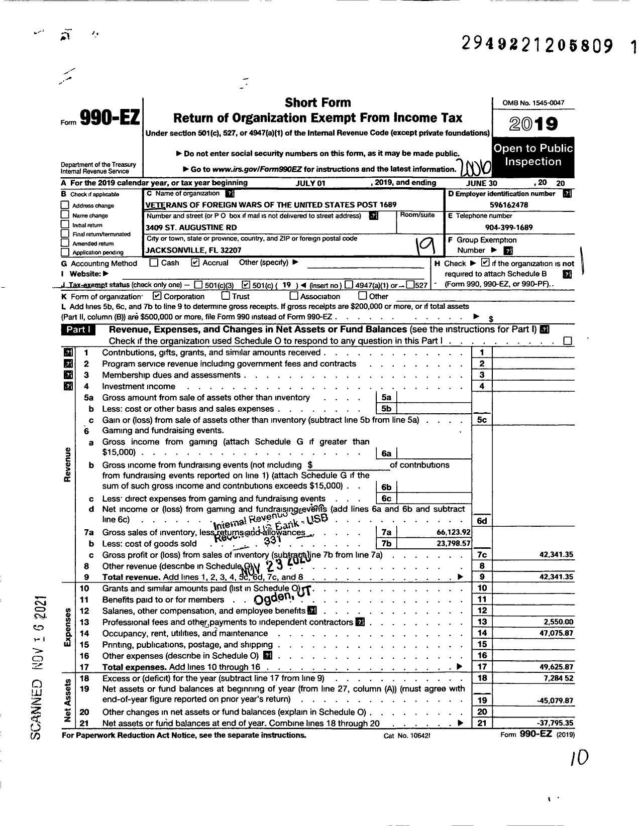 Image of first page of 2019 Form 990EO for VFW Department of Florida - 1689 VFW Post