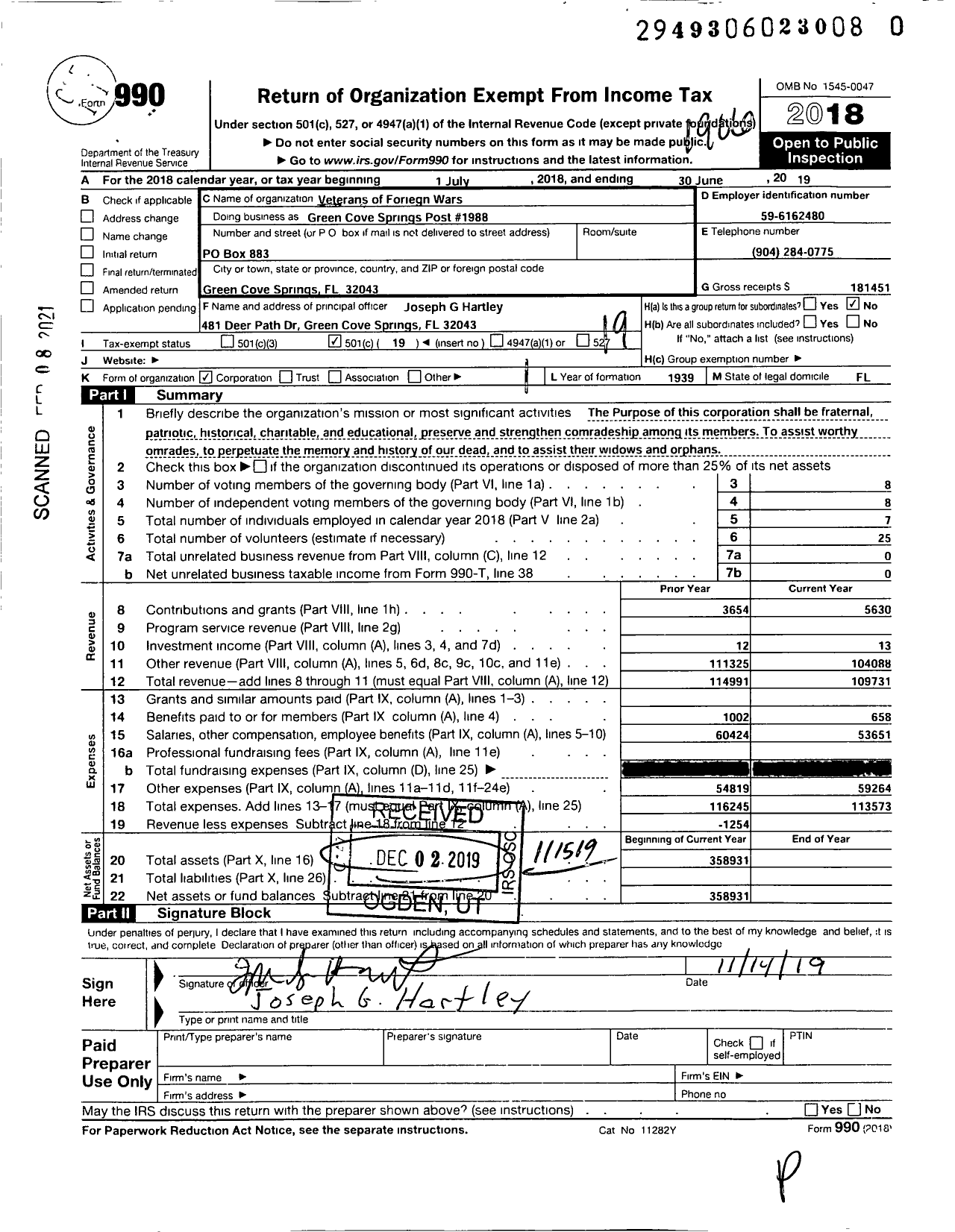 Image of first page of 2018 Form 990O for VETERANS of Foreign WARS of THE UNITED STATES DEPT of FLORIDA Green Cove Springs Post #1988