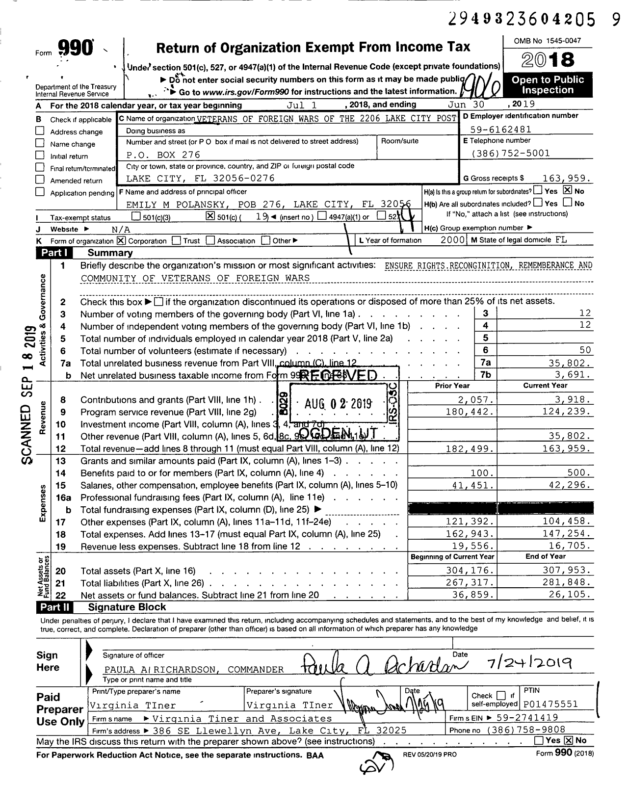 Image of first page of 2018 Form 990O for VFW Department of Florida - 2206 VFW Post