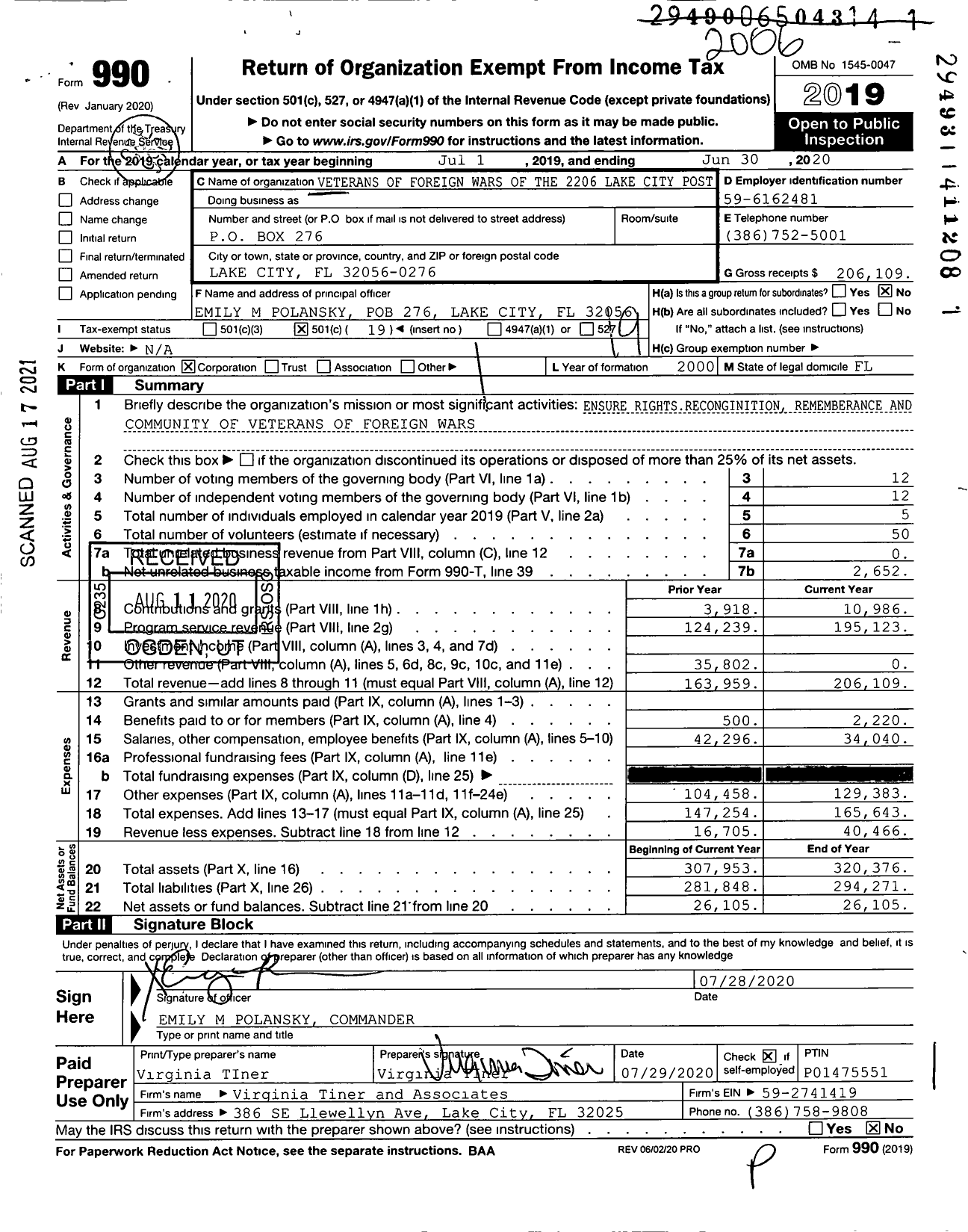 Image of first page of 2019 Form 990O for VFW Department of Florida - 2206 VFW Post