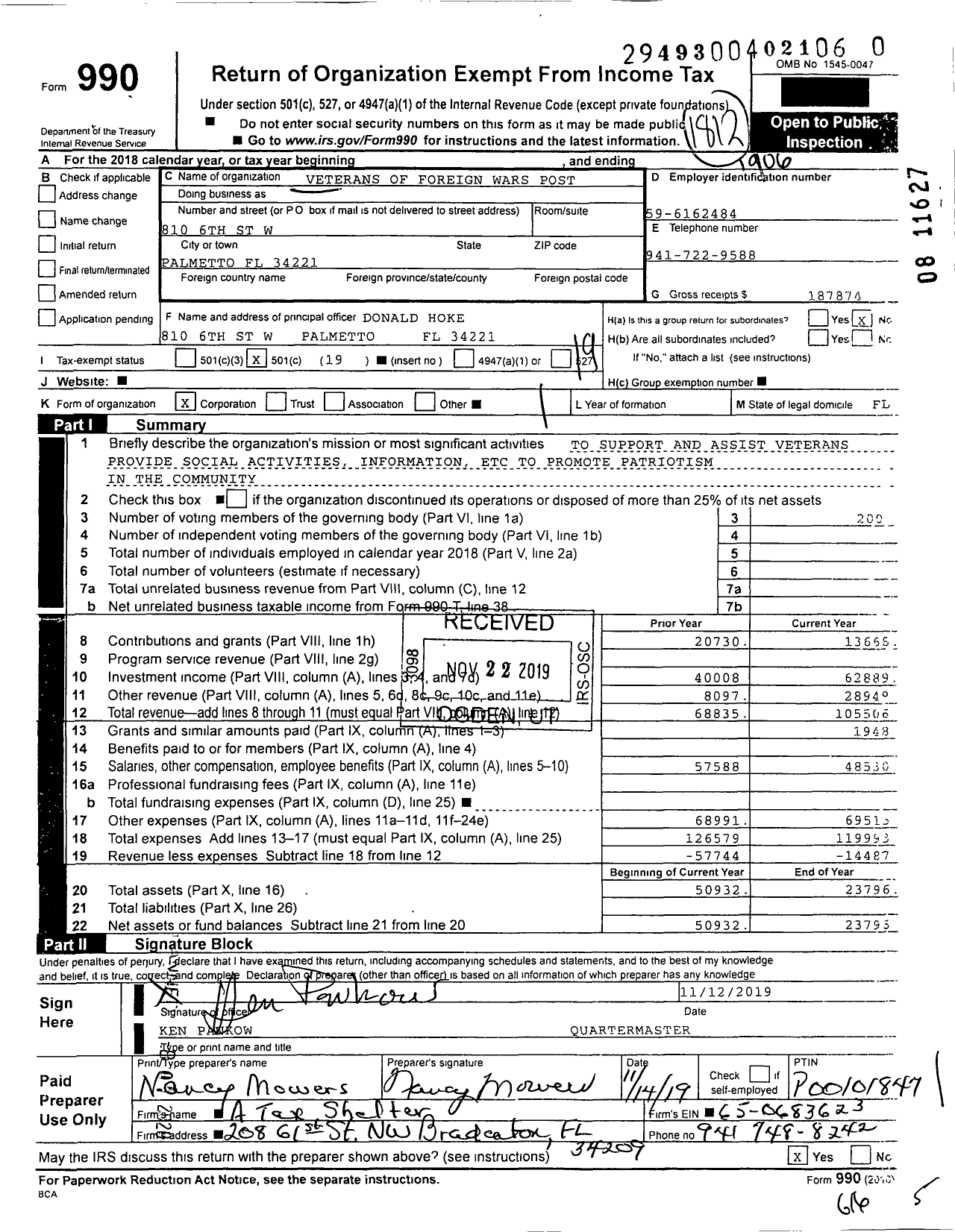 Image of first page of 2018 Form 990O for VFW Department of Florida - 2488 Post Manatee County