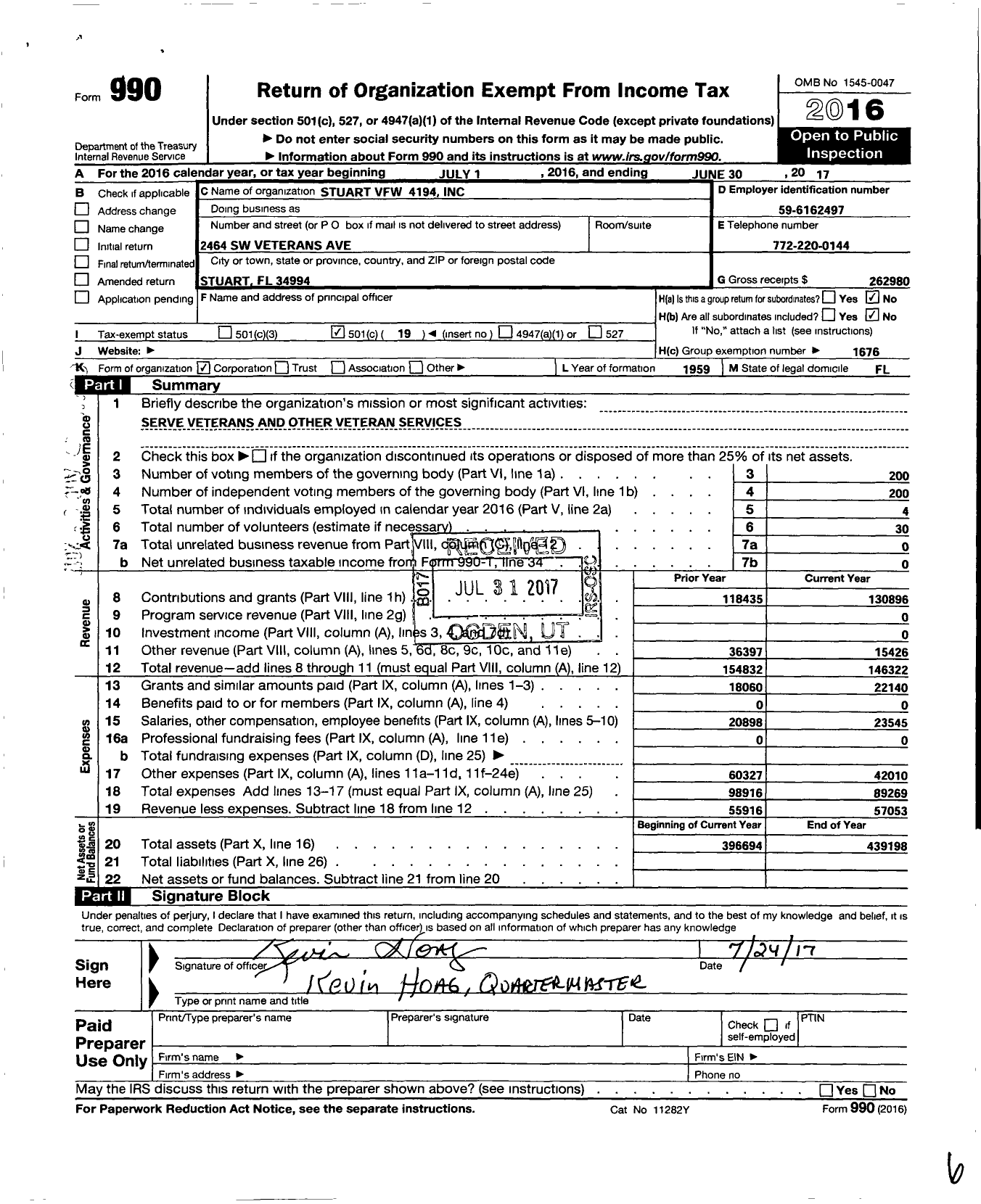 Image of first page of 2016 Form 990O for VFW Department of Florida - Kevin Hoag