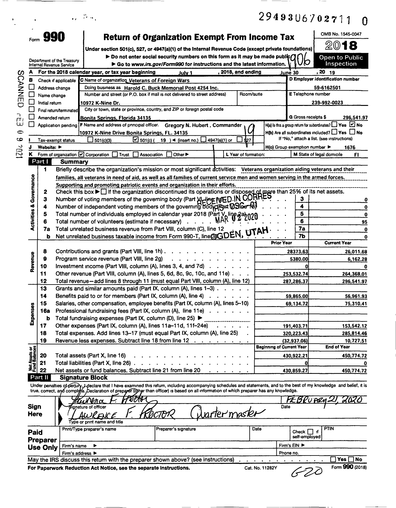 Image of first page of 2018 Form 990O for VFW Department of Florida - Harold C Buck Memorial Post 4254