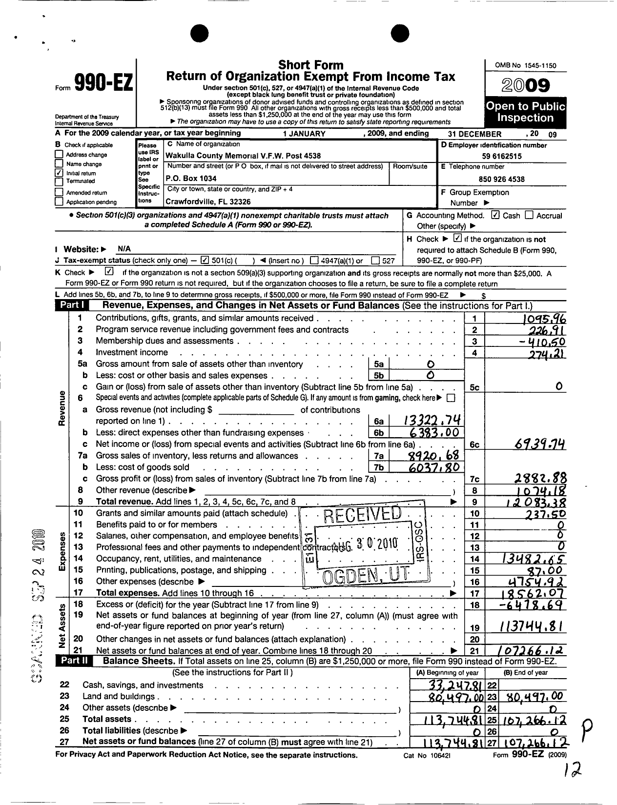 Image of first page of 2009 Form 990EO for VFW Department of Florida - 4538 VFW Post