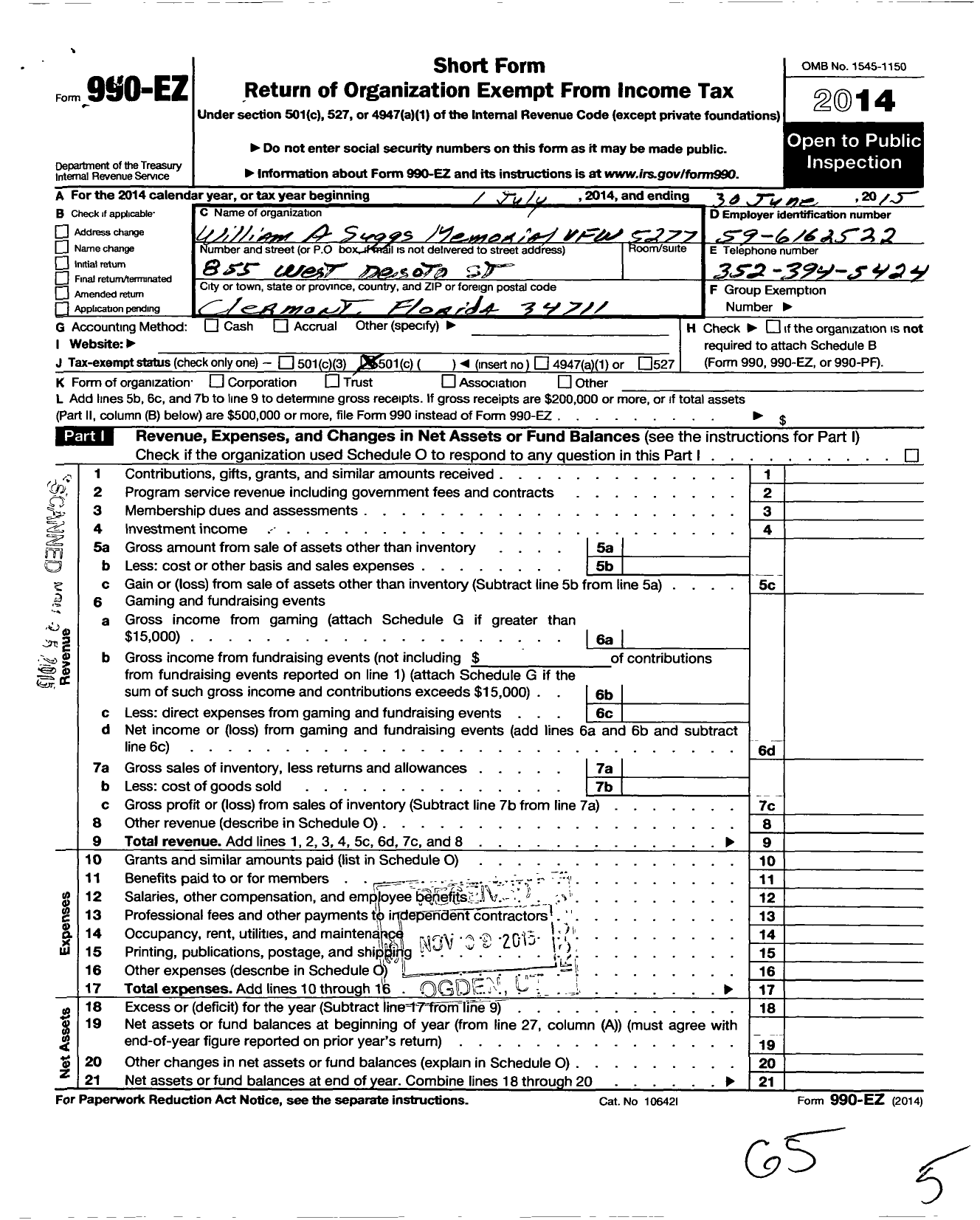 Image of first page of 2014 Form 990EO for VFW Department of Florida - 5277 Post