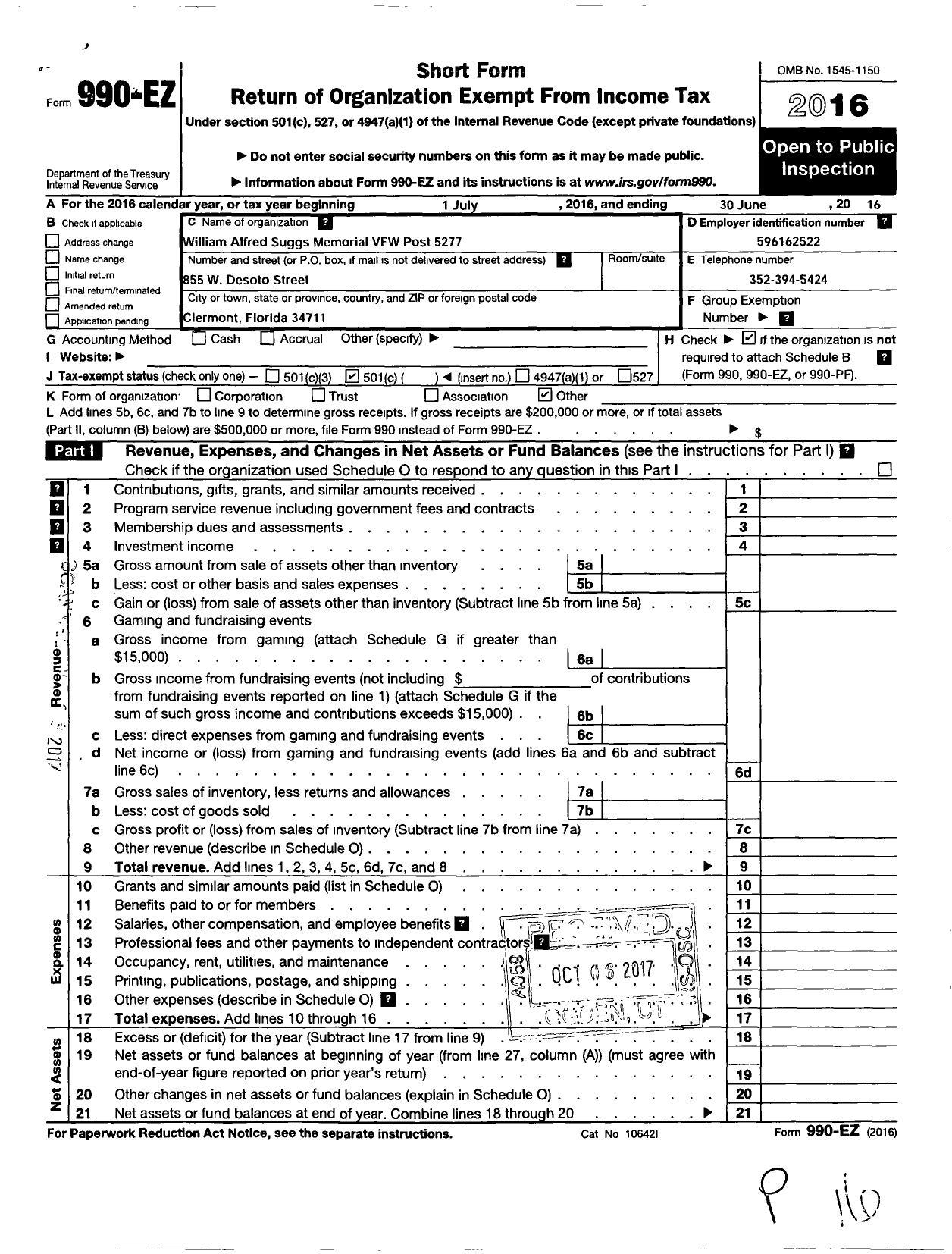 Image of first page of 2015 Form 990EO for VFW Department of Florida - 5277 Post