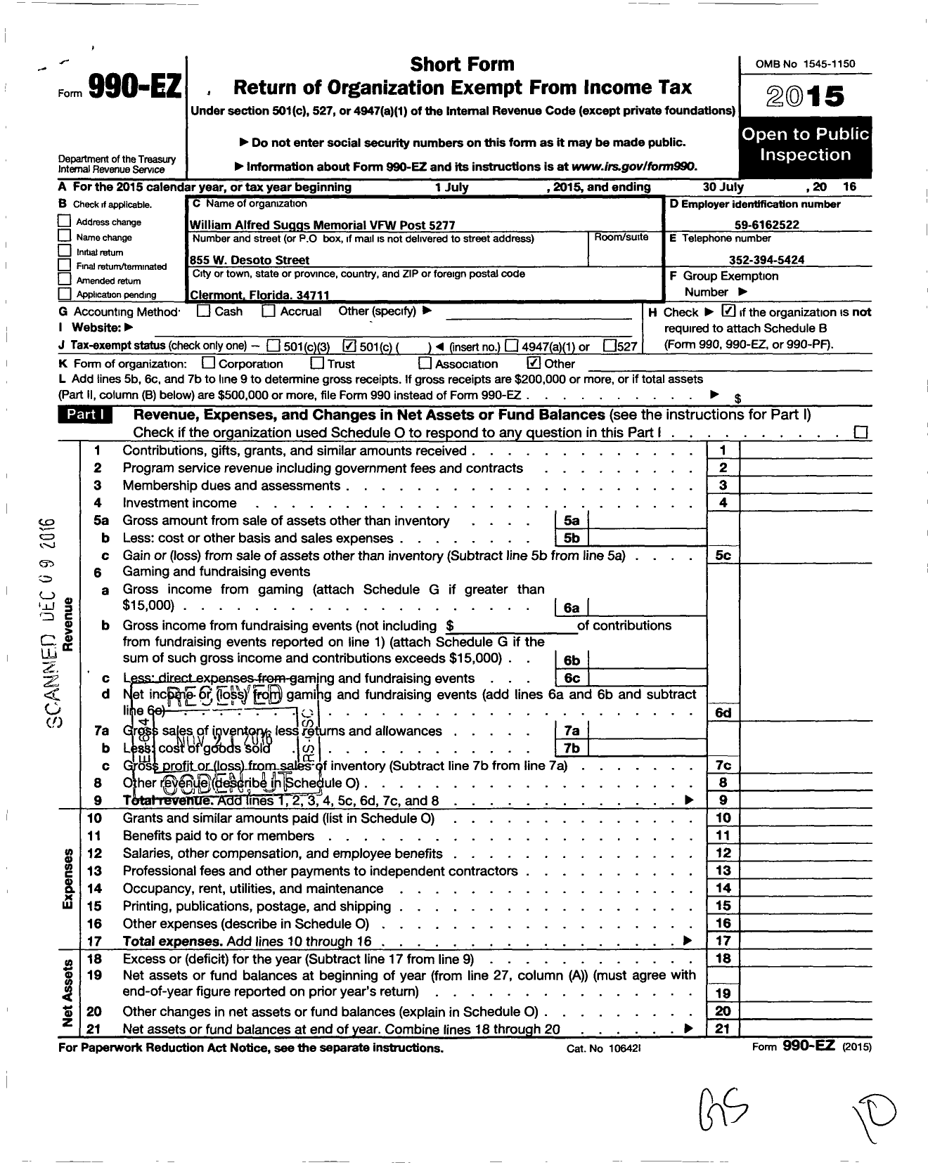 Image of first page of 2015 Form 990EZ for VFW Department of Florida - 5277 Post