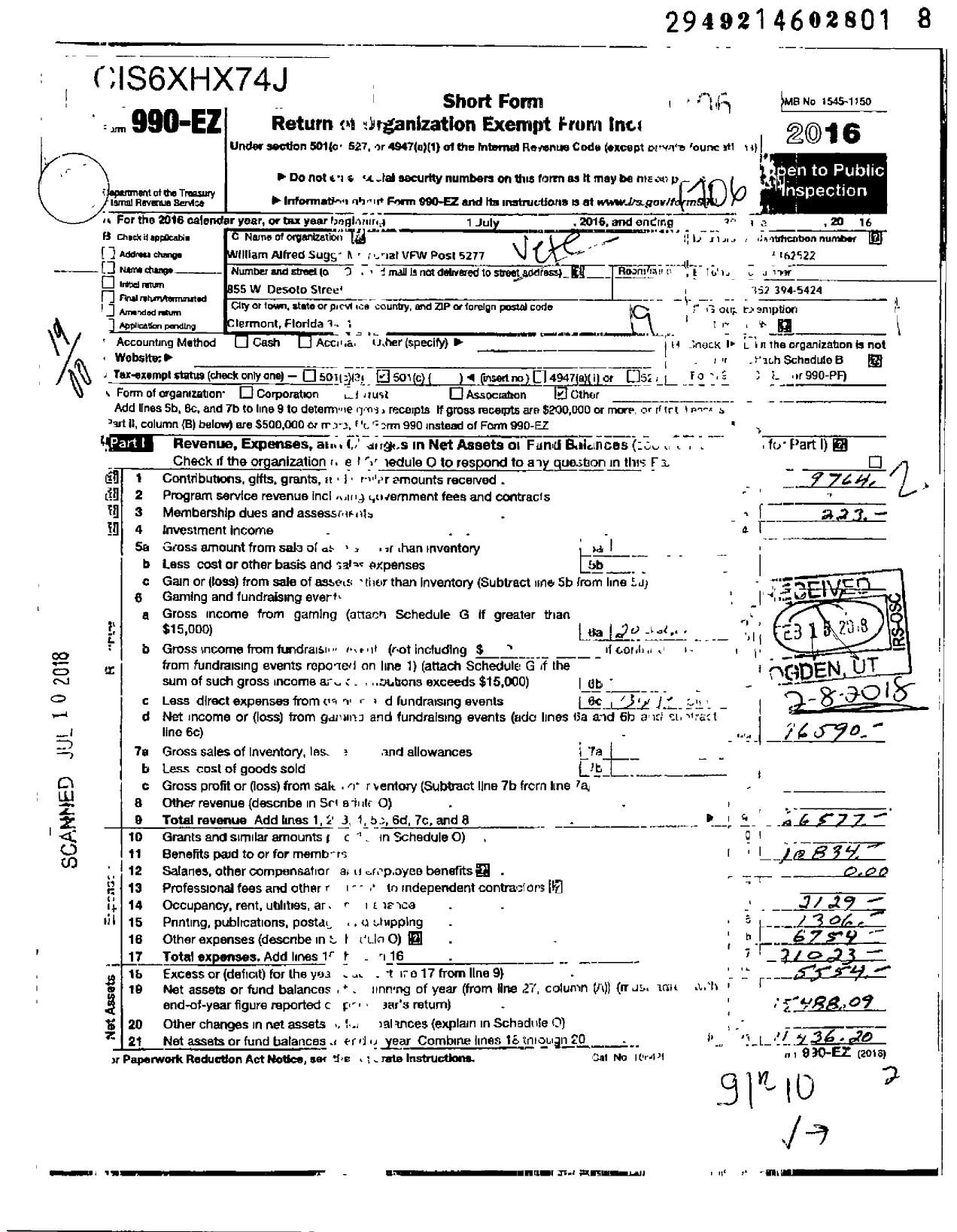 Image of first page of 2016 Form 990EO for VFW Department of Florida - 5277 Post