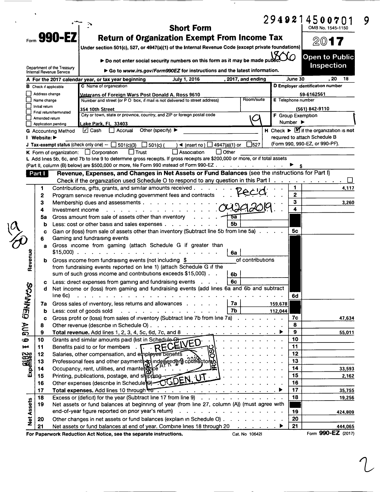 Image of first page of 2017 Form 990EO for VFW Department of Florida - 9610 VFW Post