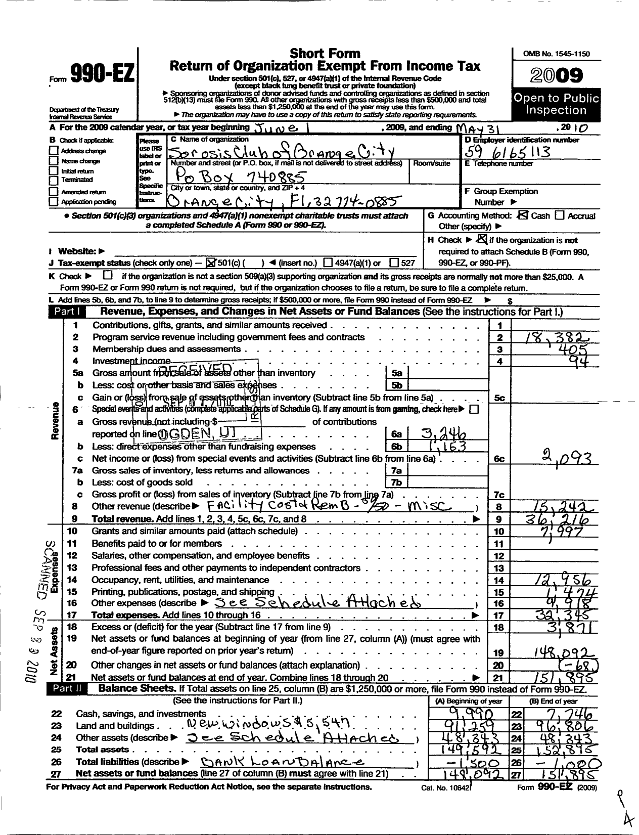 Image of first page of 2009 Form 990EO for Sorosis Club of Orange City