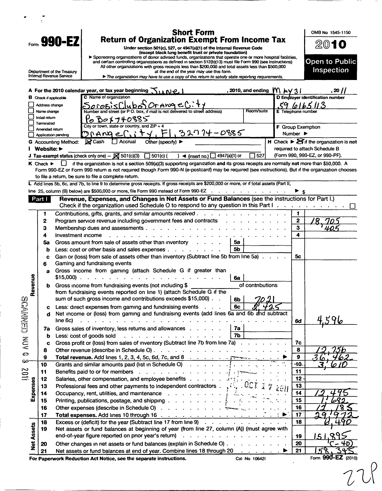 Image of first page of 2010 Form 990EZ for Sorosis Club of Orange City