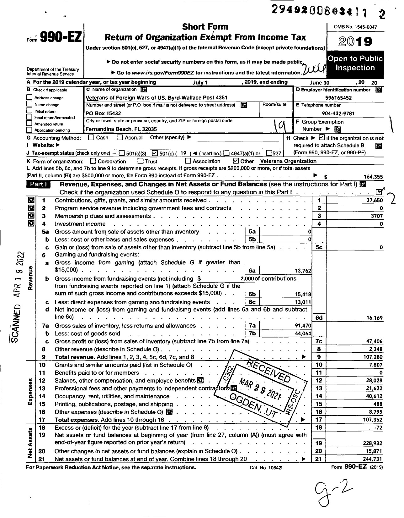 Image of first page of 2019 Form 990EO for VFW Department of Florida - 4351 VFW Post