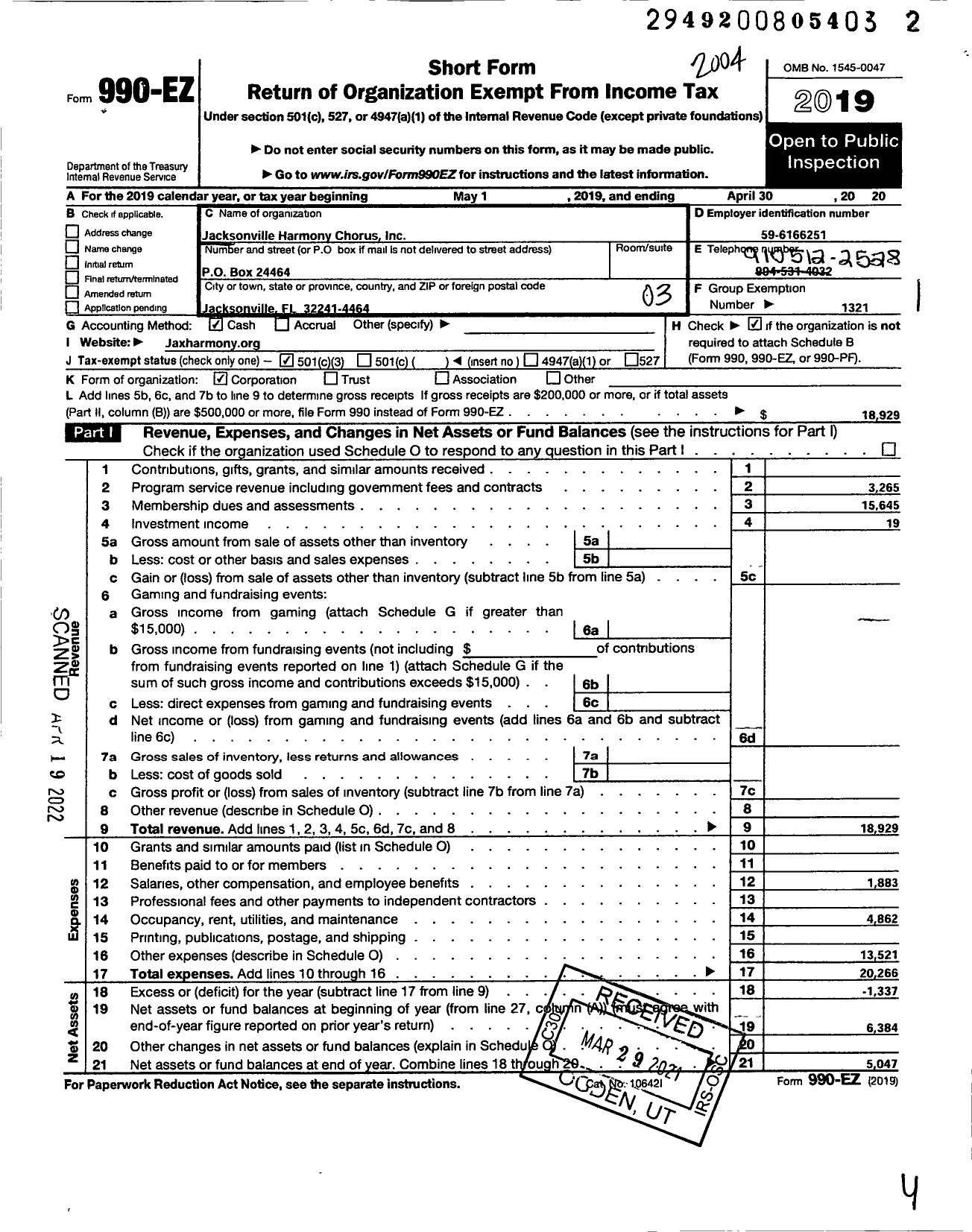 Image of first page of 2019 Form 990EZ for Sweet Adelines International - Jacksonville Harmony