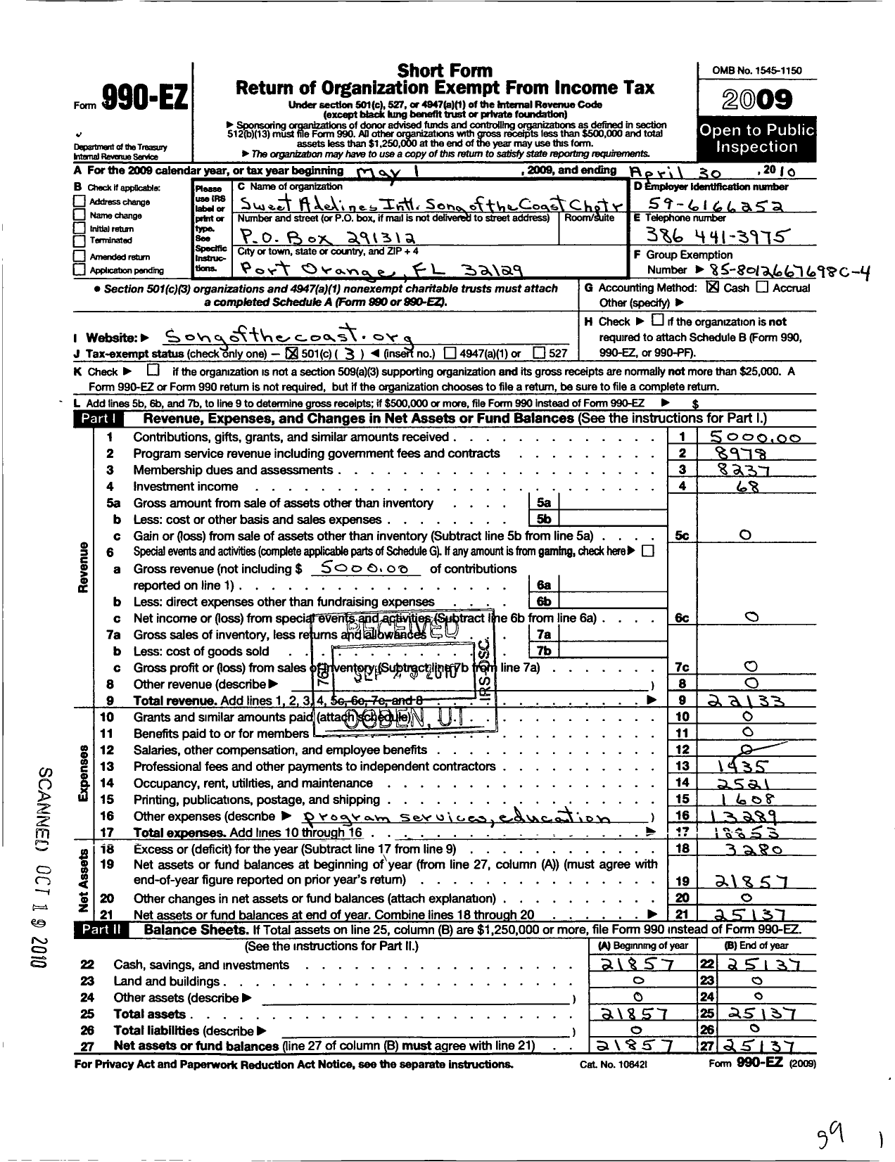 Image of first page of 2009 Form 990EZ for Sweet Adelines International