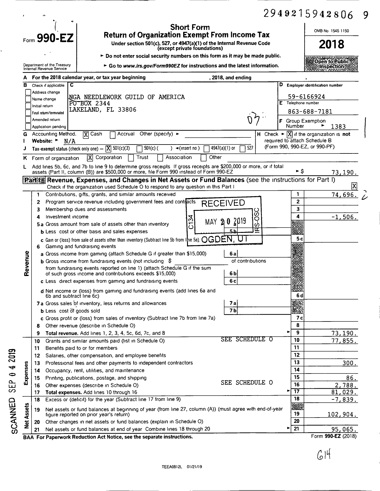 Image of first page of 2018 Form 990EZ for National Giving Alliance - Lakeland Branch