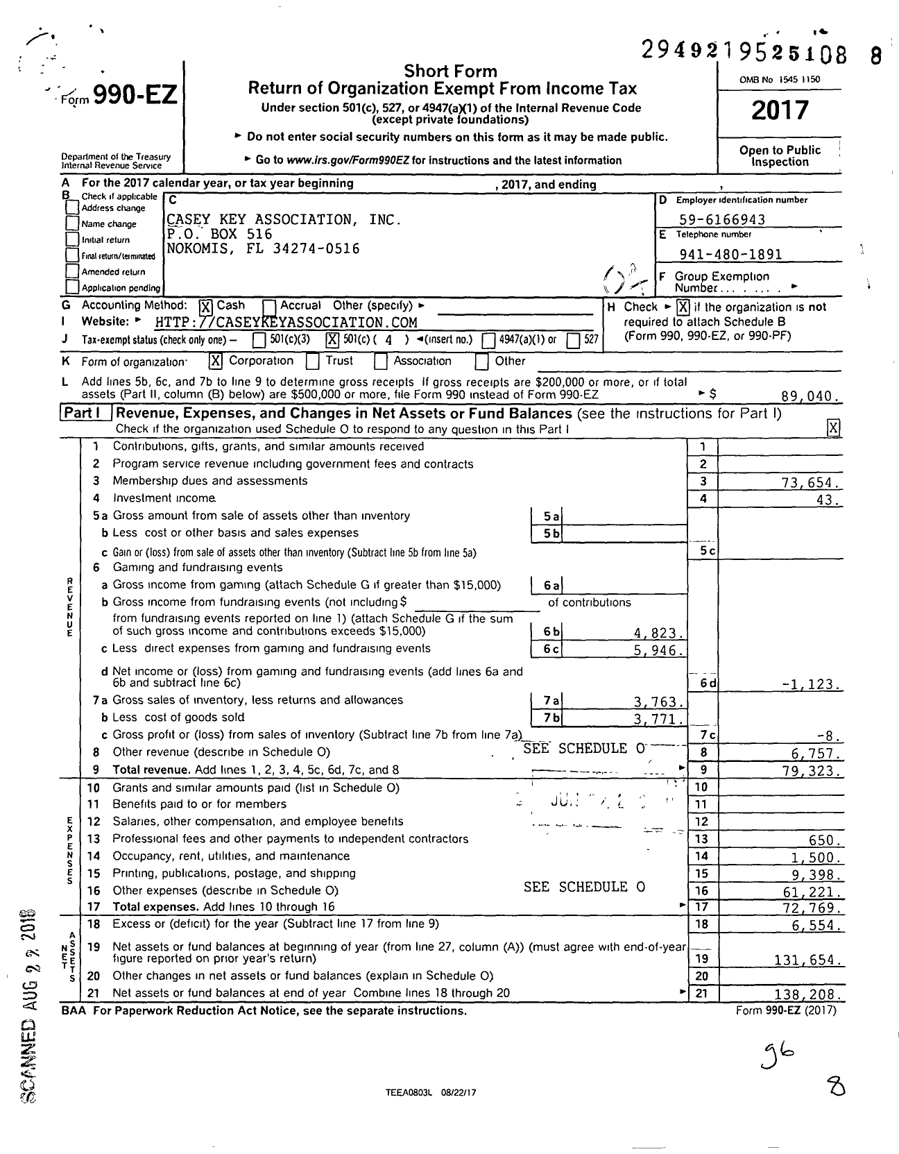 Image of first page of 2017 Form 990EO for Casey Key Association