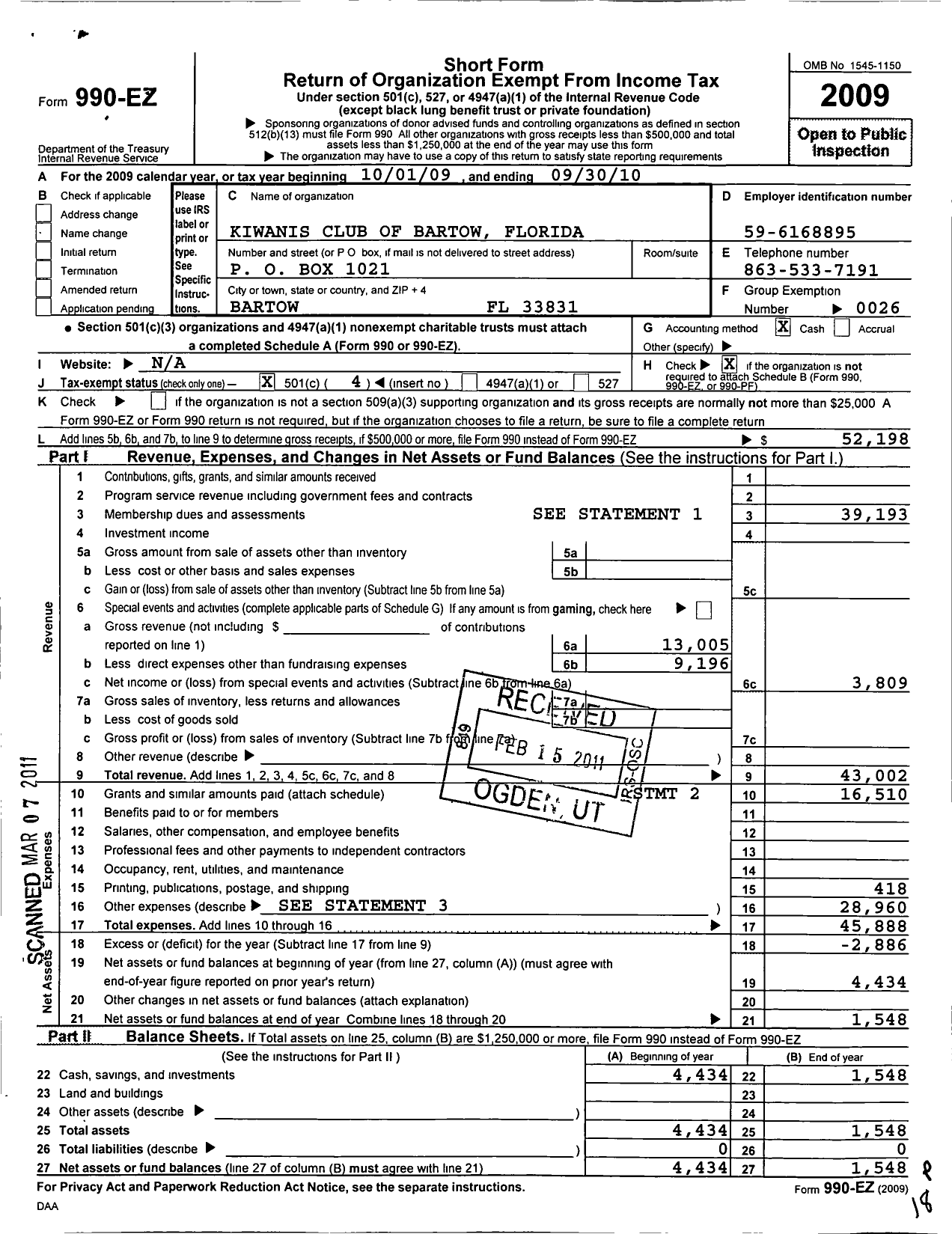 Image of first page of 2009 Form 990EO for Kiwanis International - K00713 Bartow